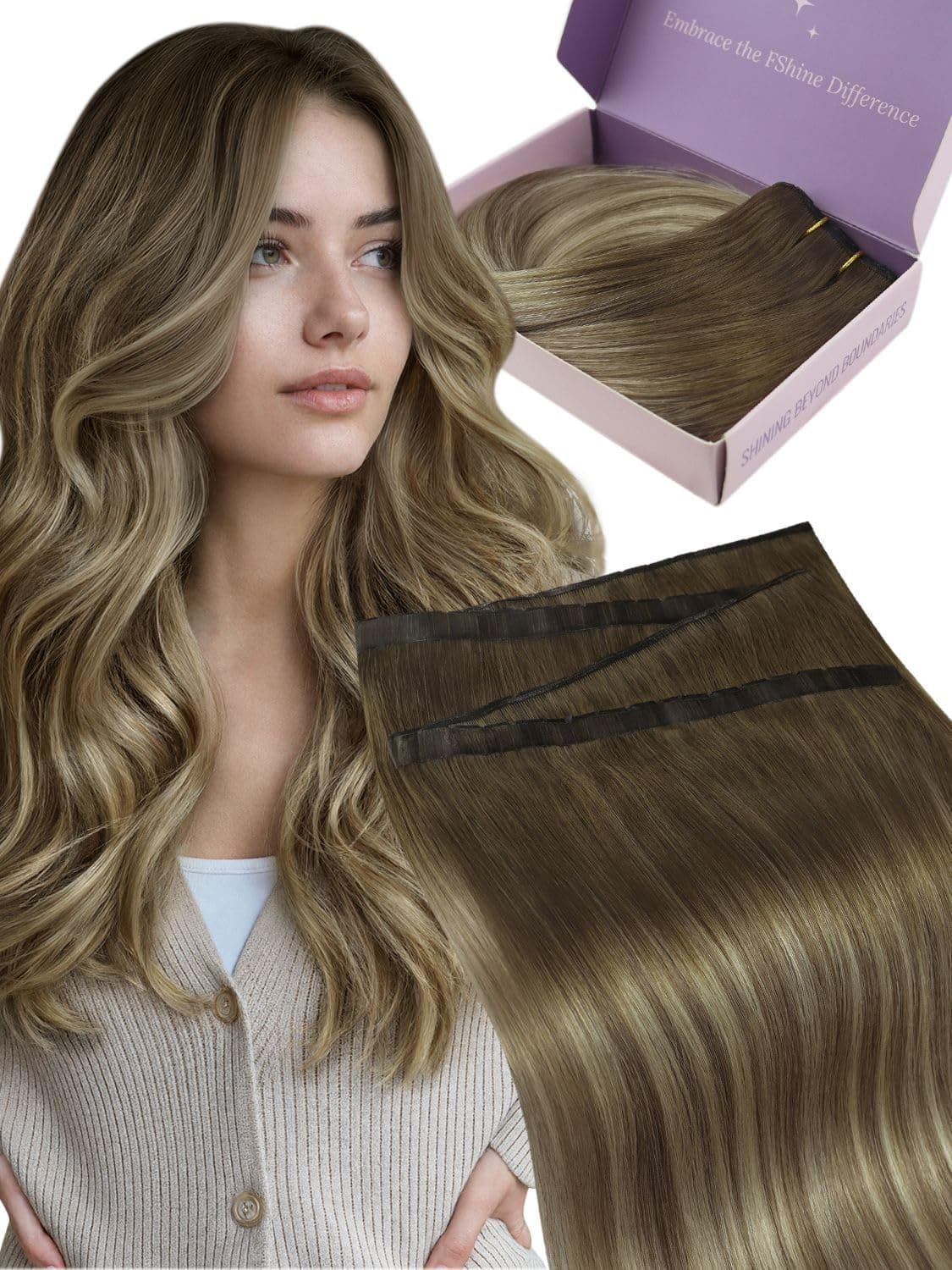 Fshine Butterfly Weft Hair Extensions 22 Inch 100g Chestnut Brown Blonde