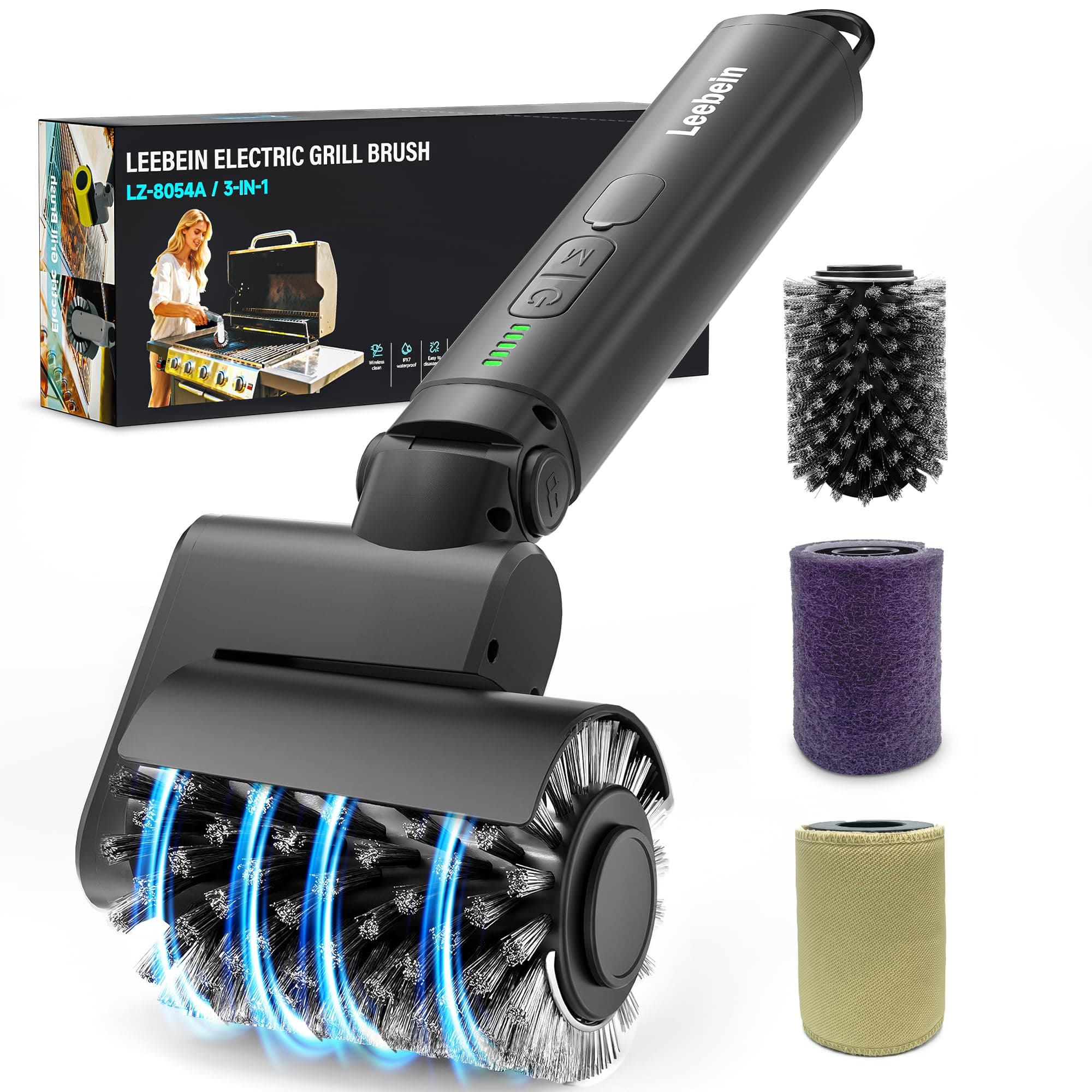 Leebein Electric Grill Brush for Outdoor, 2026 New BBQ Grill Griddles with 3 Heads, 3-Speed & Angle Adjust Cordless Rotary Grill Brush, 150 Mins Runtime Grill Cleaning Brush for Barbecue Grates