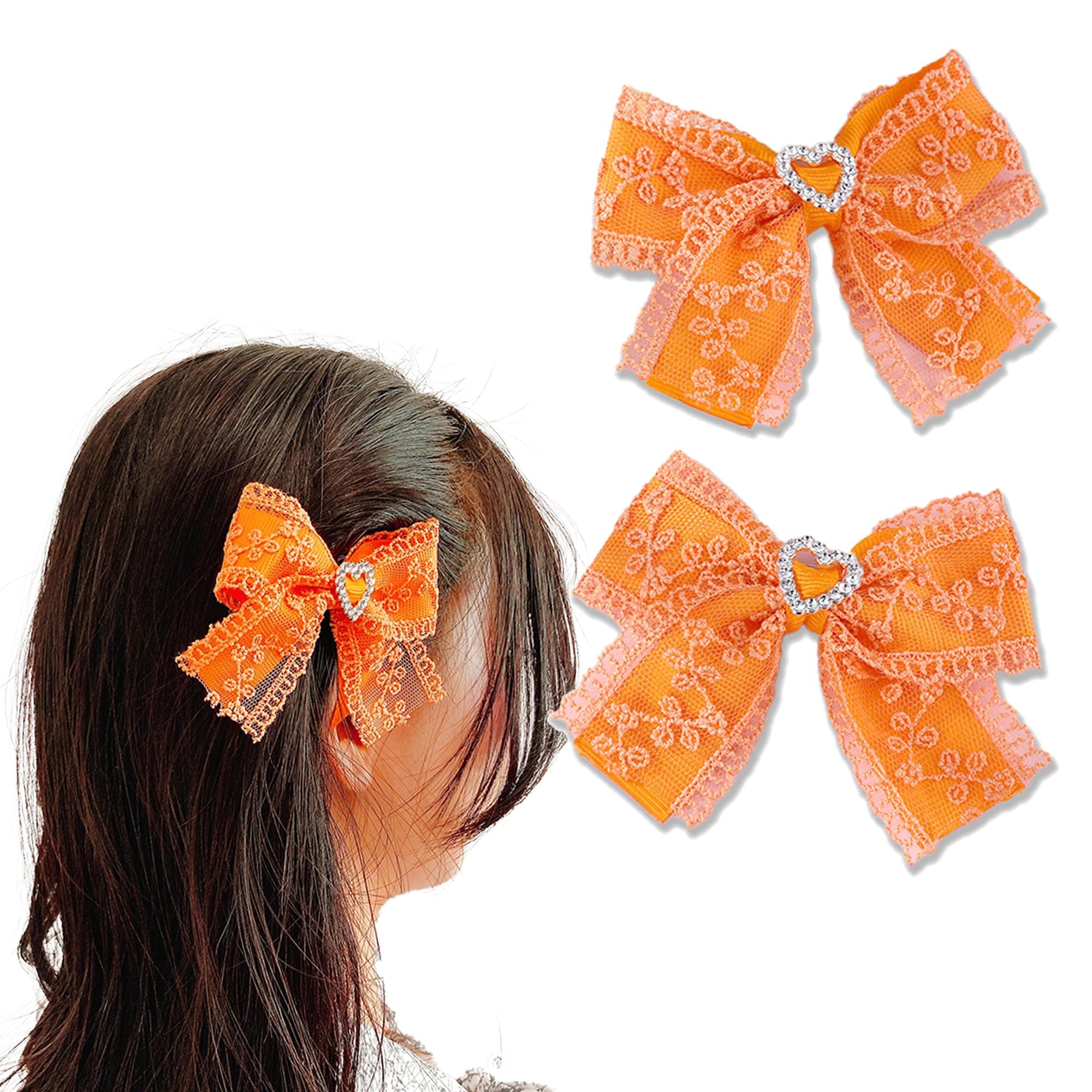 Set of 2 Colored Lace Ribbon Clips with Heart Bijou, Orange
