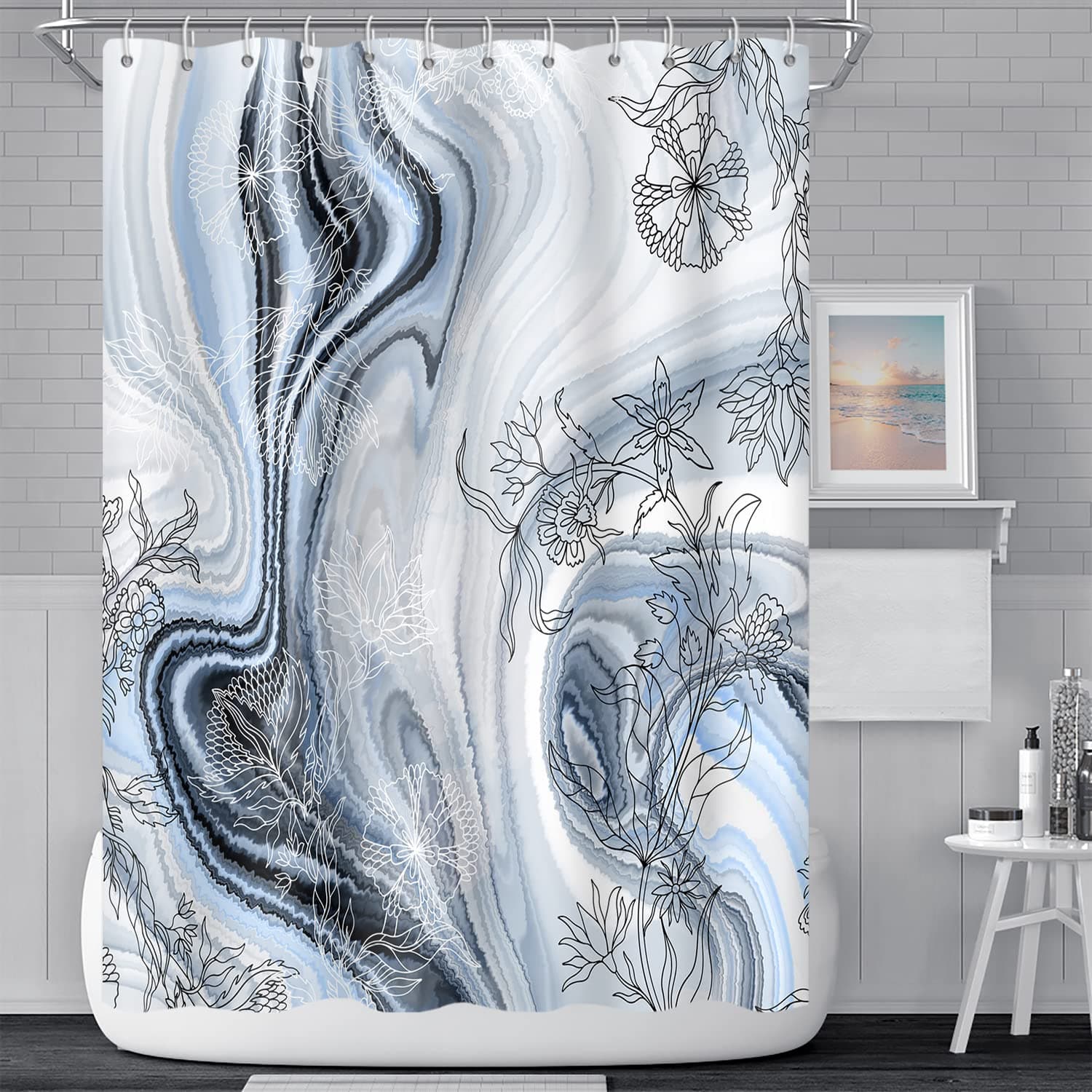 Umpoo Light Blue Marble Shower Curtain for Bathroom Flower Abstract Gradient Waterproof Polyester Shower Curtains Modern Luxury Artistic Aesthetic Shower Curtain with Hooks Decorative, 65x72 Inch