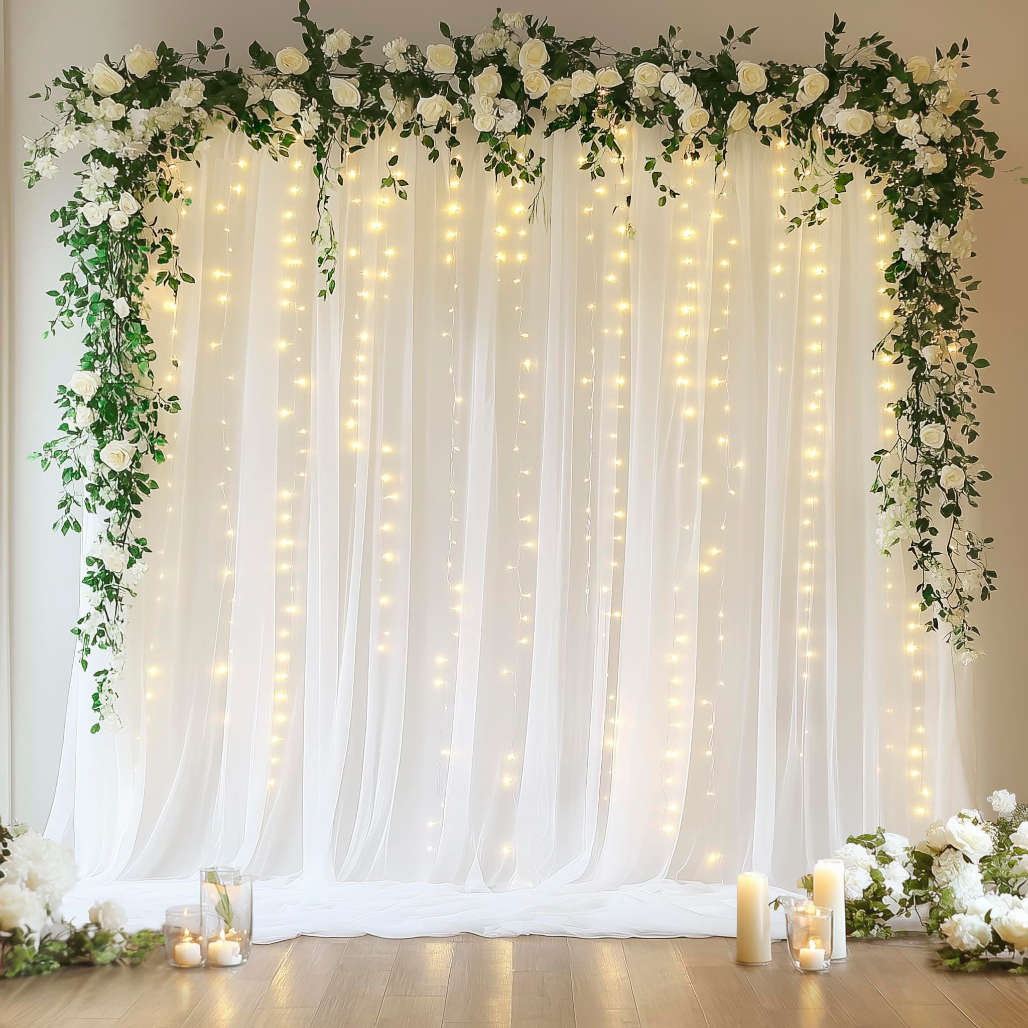 Fomcet Tulle Backdrop Curtains with Lights White 10x10ft Sheer Curtain