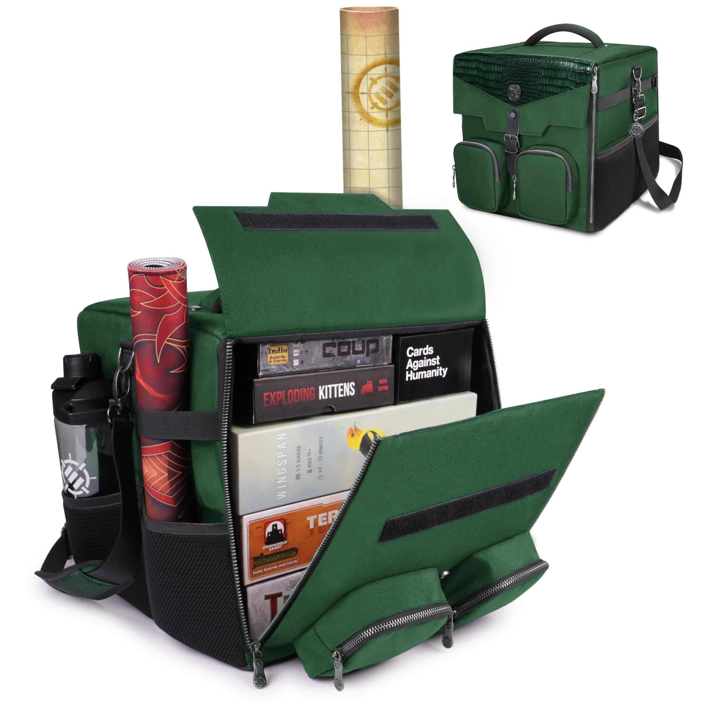 ENHANCE Board Game Shoulder Bag - Collector's Edition Board Game Storage with Shoulder Strap and Accessories Pockets for Dice, Cards, More - Reinforced Carrier Protects Tabletop Games (Dragon Green)