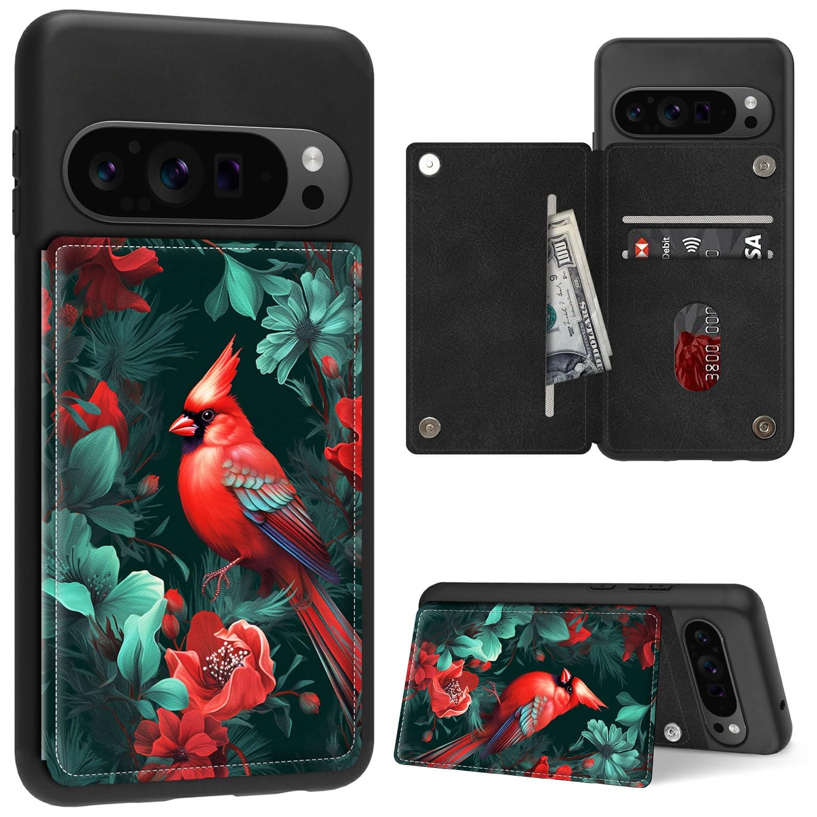 FUYOCWE Case for Google Pixel 9 Pro XL Wallet Phone Case with Card Holder,Cardinal Red Bird on Tree PU Leather Kickstand Card Slot Cover for Women Men (Dual Magnetic Clasp+RFID Blocking)