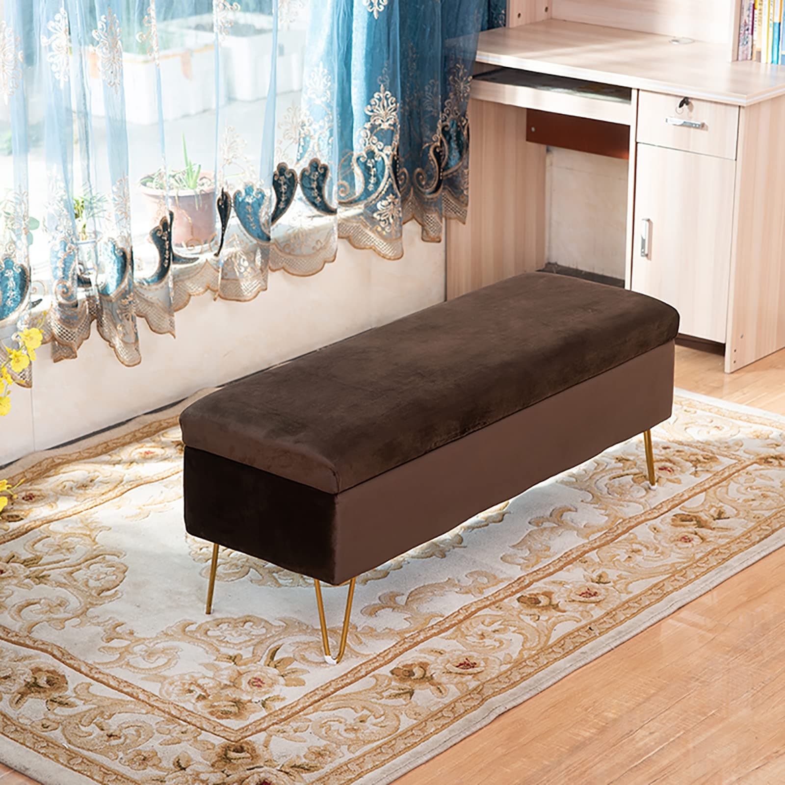 Modern Velvet Storage Bench, Plush Tufted Ottoman, Stylish Rectangular Footstool for Entryway & Living Room, Purple Upholstered End of Bed Settee 100X40X43Cm,Brown-80x40x43cm(31x16x17inch)