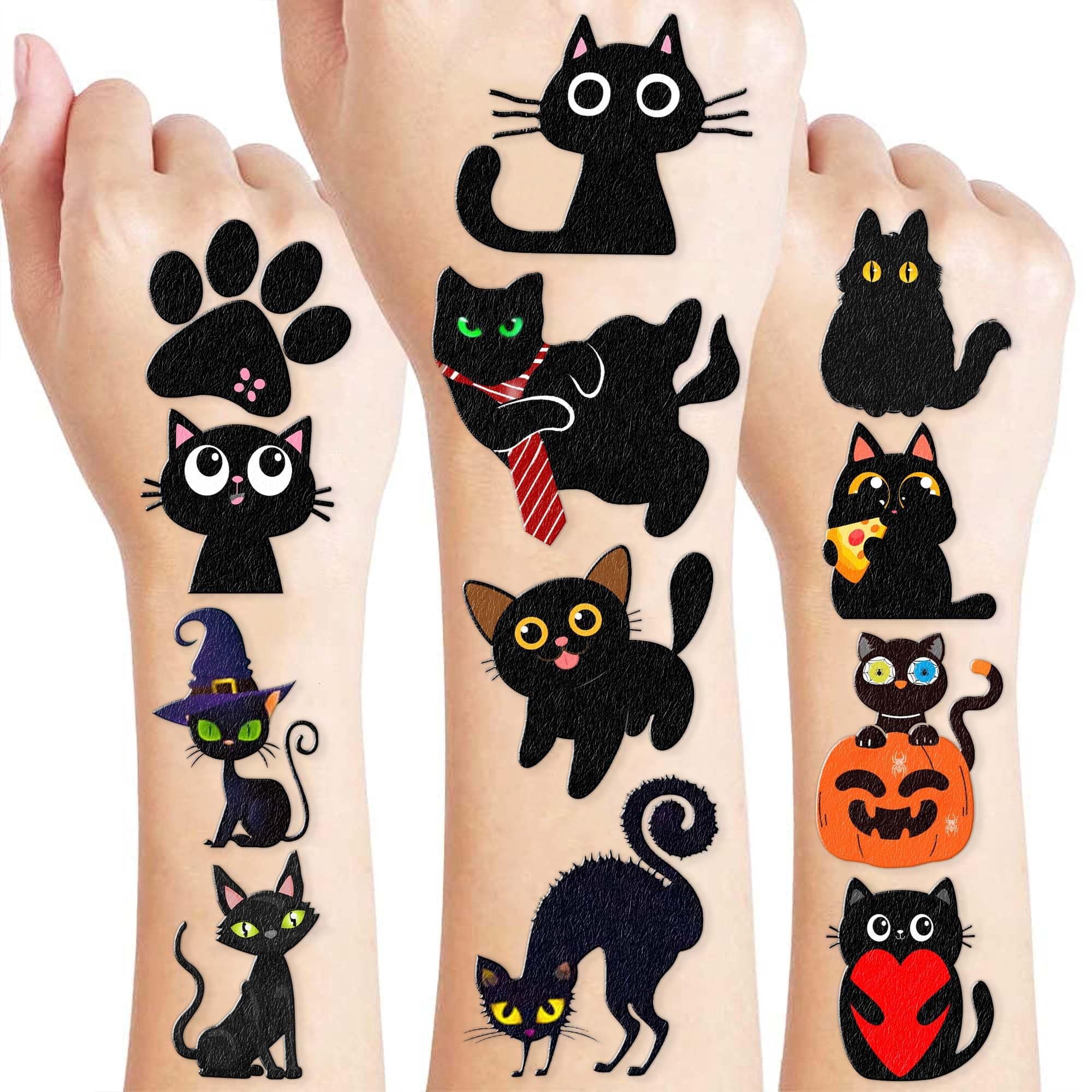 frawharmone 96Pcs Cute Black Cats Cat Temporary Tattoos Sticker Themed Birthday Party Decorations Supplies Favors Decoration Funny Pet Meow Tattoo Peg