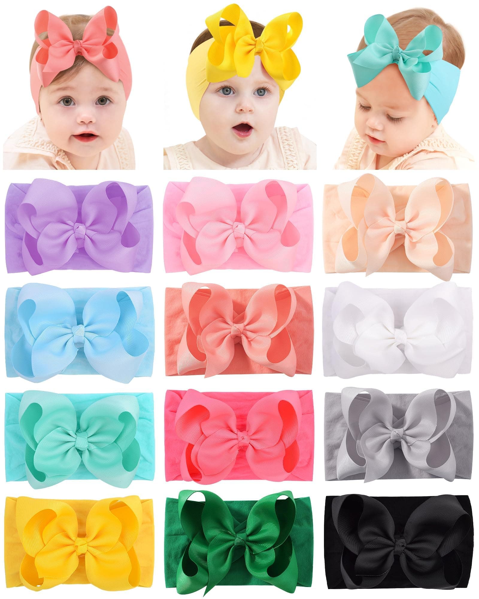 doboi 12pcs Baby Headbands Baby Girl Bows Nylon Headbands Ribbon Bow Hair Accessories Big Baby Bows Headbands for Baby Girls Infant Newborn Toddler