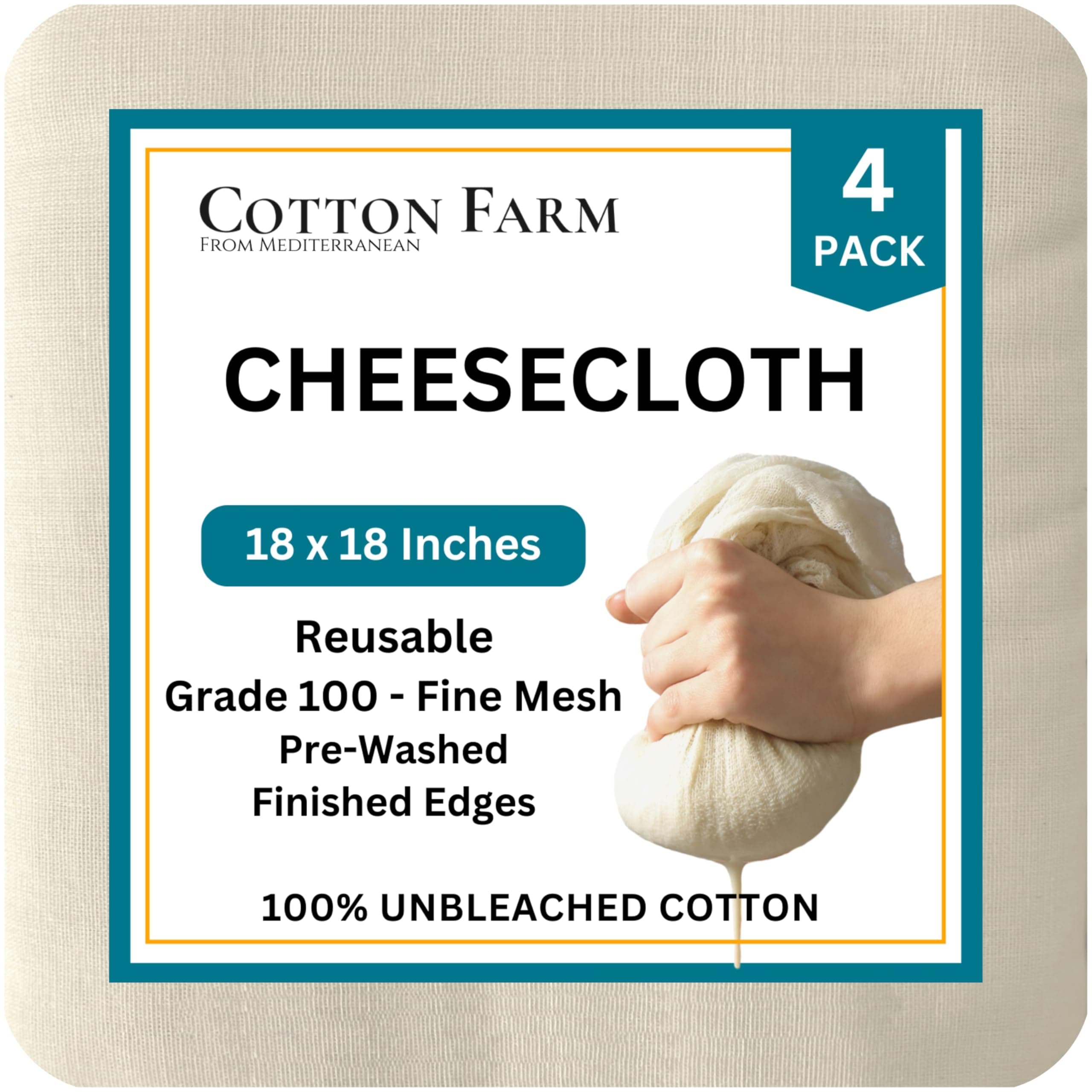 Cotton Farm Grade 100 Cheese Cloths for Straining & Cooking, 18 × 18 Inch, 100% Unbleached Cotton Cheesecloth, Butter Muslin, Finished Edge, Reusable & Pre-Washed