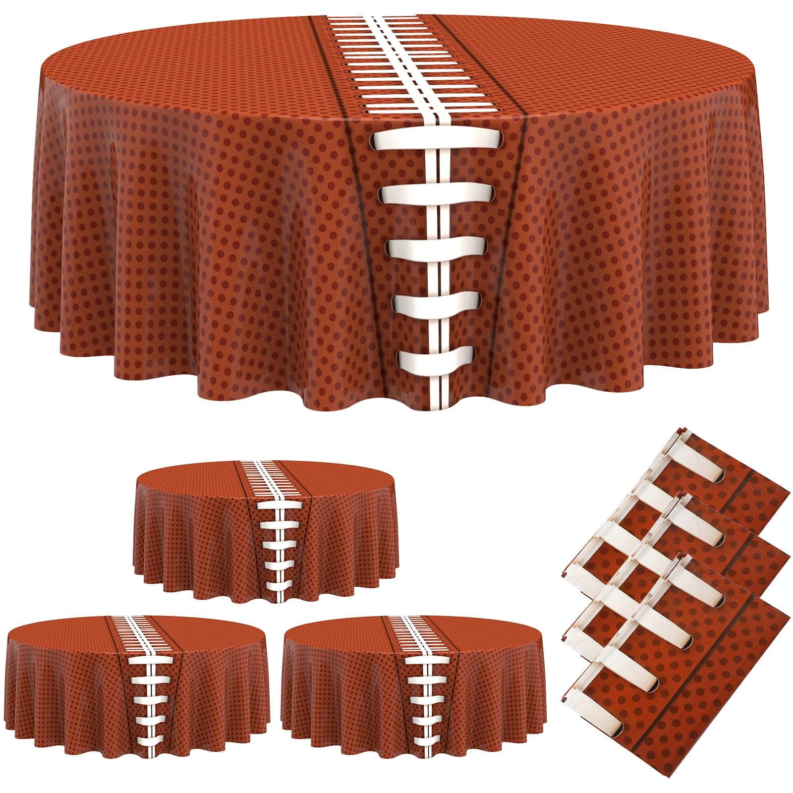 Oudain 6 Pcs Party Tablecloth 84 Inches Round Table Cloth Disposable Plastic Sport Table Covers for Birthday Party Table Decor Supplies Favors (Cute Football)