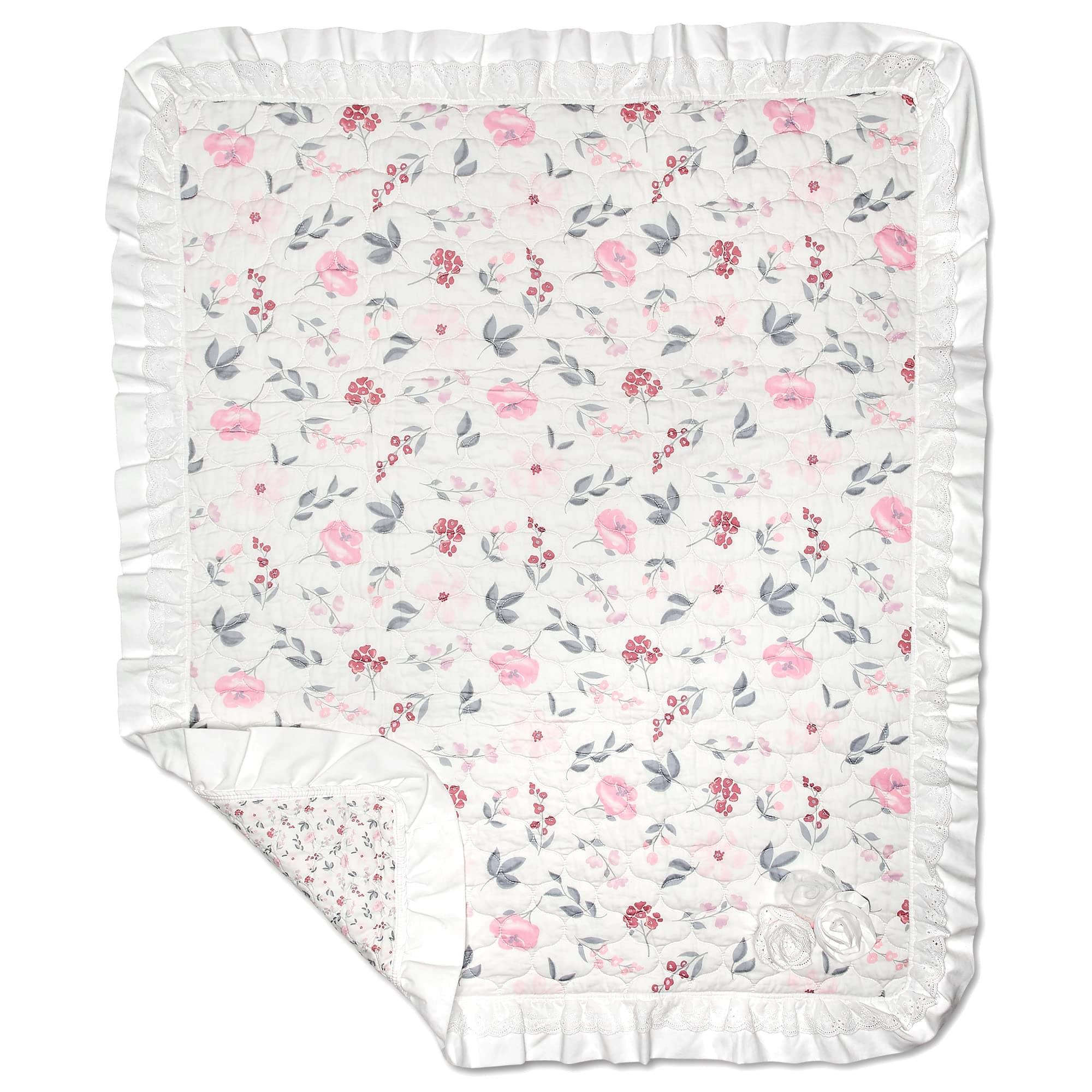 Wendy Bellissimo Super Soft Plush Baby Blanket Reversible Quilt (37x44) - Wildflower in Pink/White