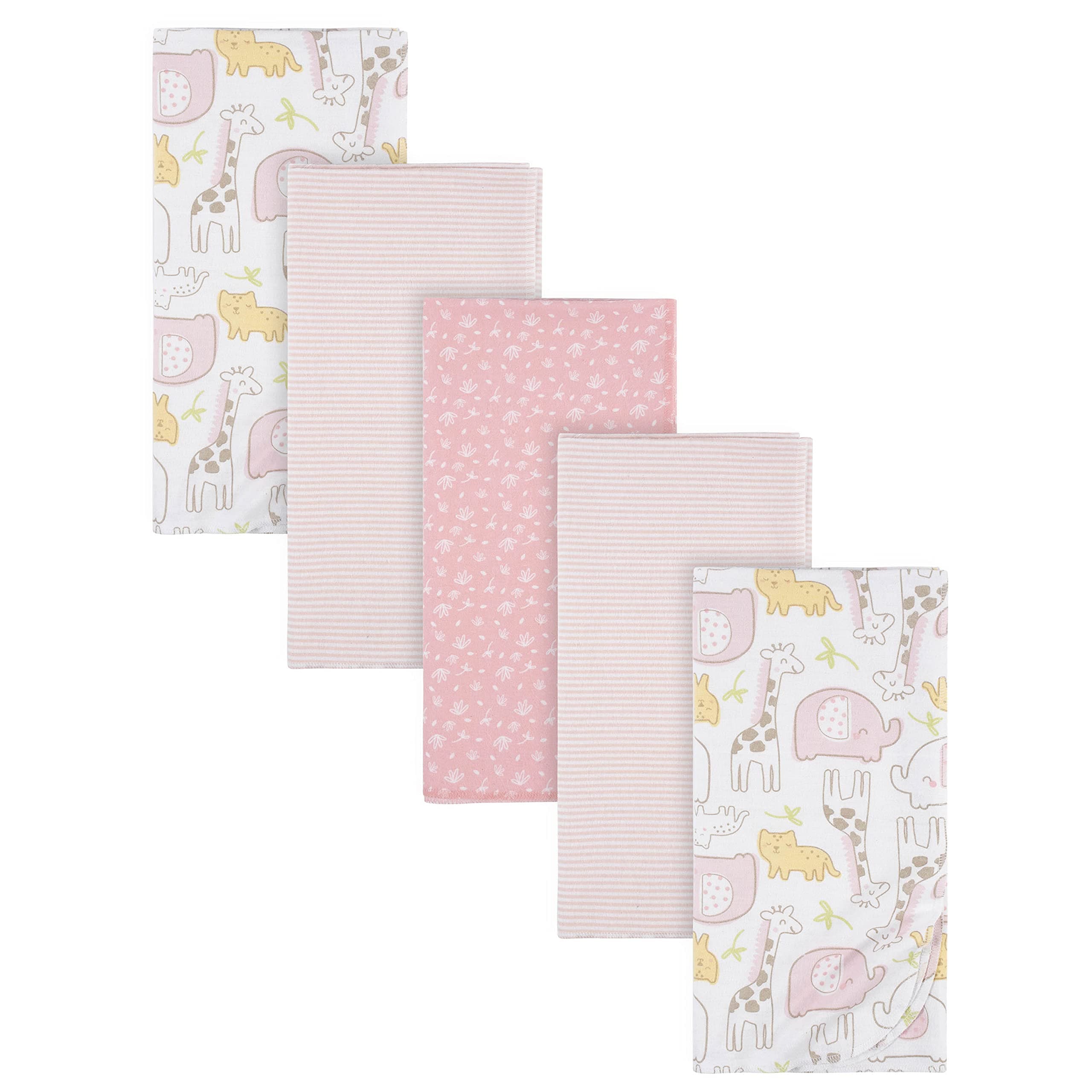 Gerber Girls Newborn Infant Baby Toddler Nursery 100% Cotton Flannel Receiving Swaddle Blanket, Pink Safari, Pack of 5