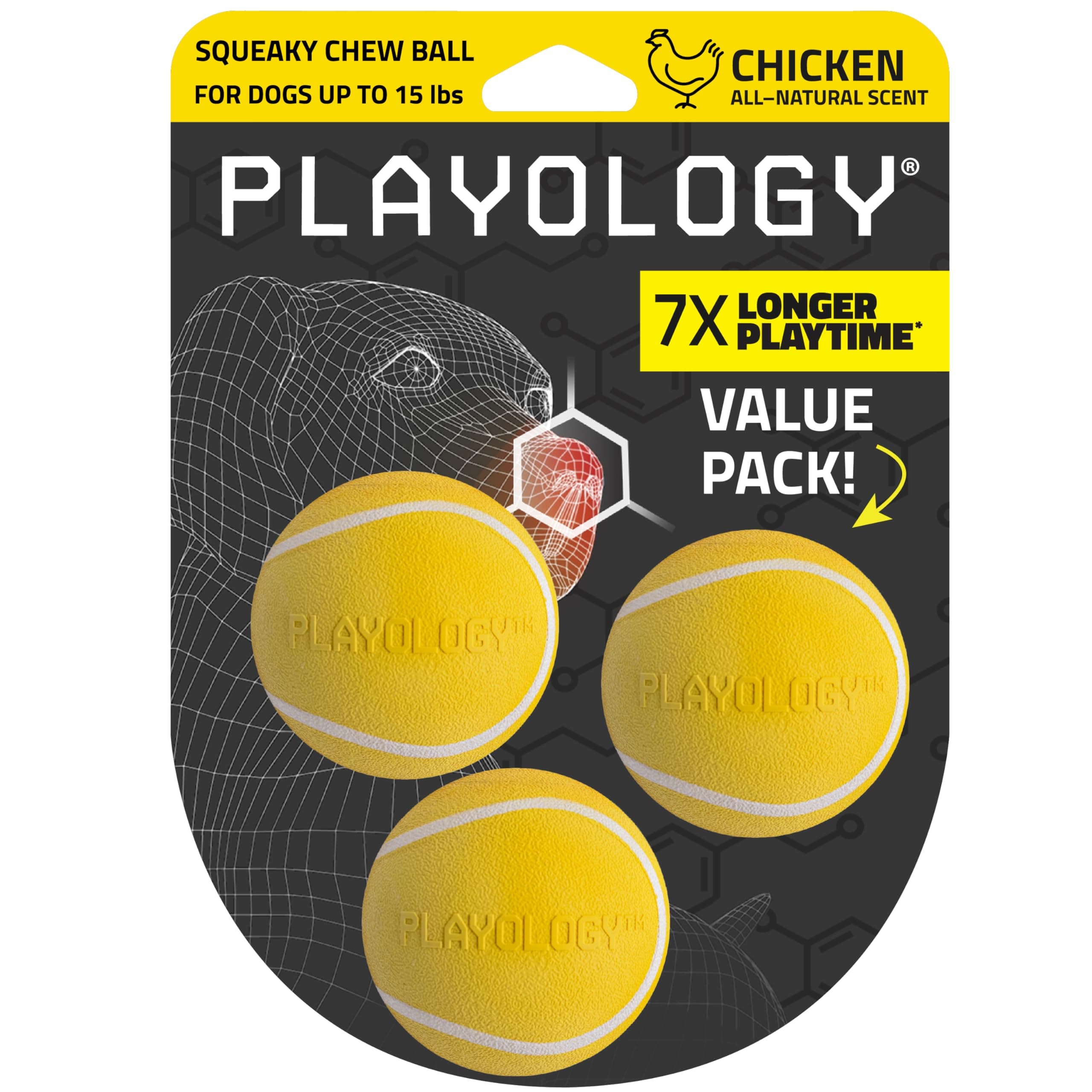 Playology Squeaky Chew Ball Dog Toy - Small, Chicken Scent, 3-Pack