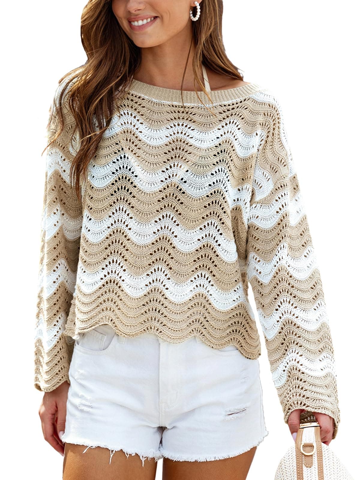 CUPSHE Women's Crochet Cover Up Long Sleeve Striped Beach Cover Up Top Summer Casual Knit Tops for Swimwear, Neutral Stripes, X-Large