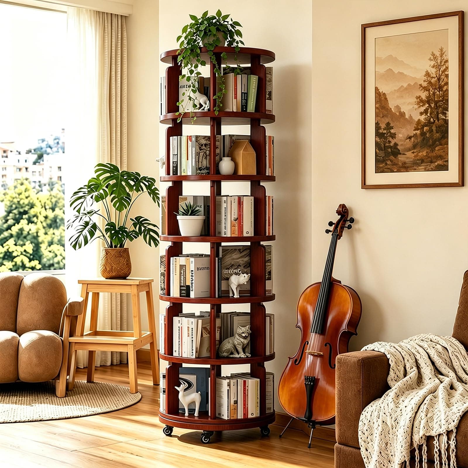 Azlafu 6 Tier 360° Rotating Solid Wood Bookshelf with Wheels