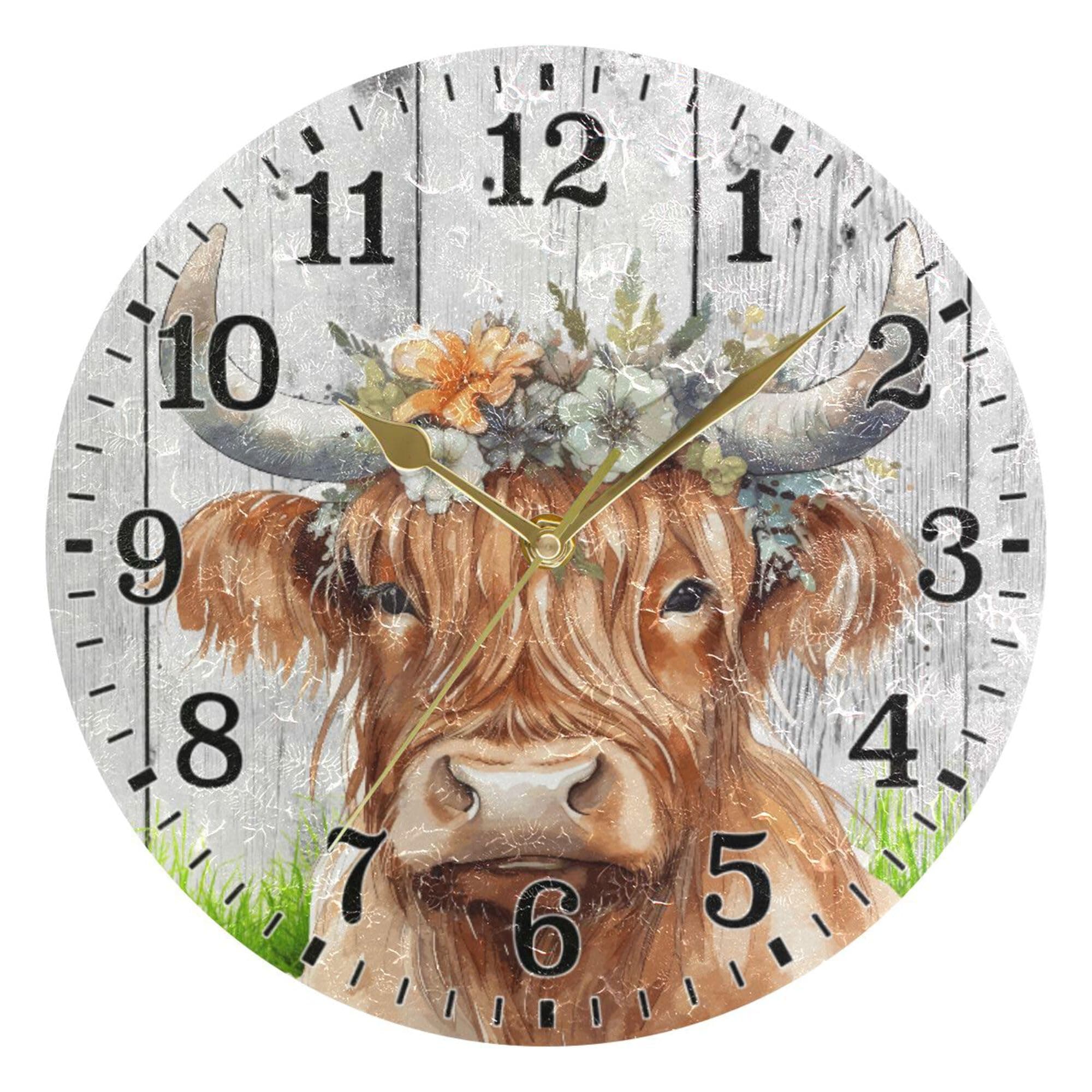 JUNZAN Clock Cute Highland Cow Wearing Flower Crown Watercolor Silent Wall Clock 10 Inch Small Round Clock Kitchen Decor Battery Powered No Ticking 10 Inch for Bathroom Bedroom Farmhouse Hotel