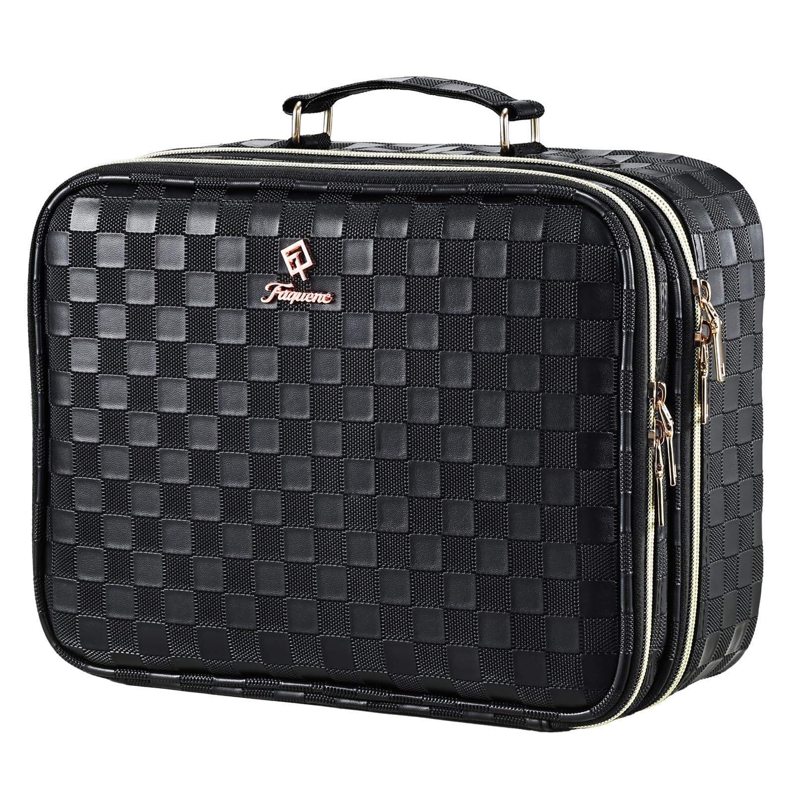 Faquenc Makeup Bag with LED Lighted Mirror 12.2 IN Travel Makeup Case, 12.2 Inch Black Checkerboard, 0-Double Layer, Makeup Case With Lighted Up Mirror