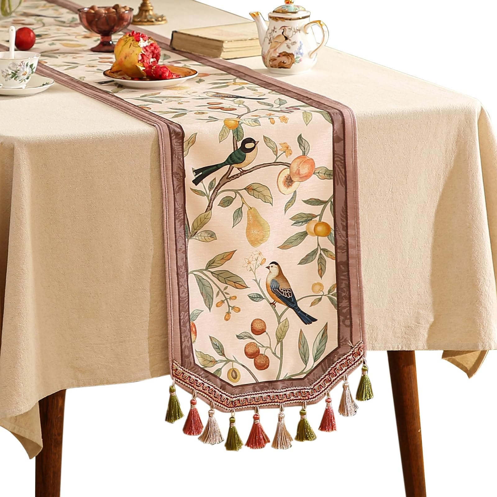 bilin gaier Red Velvet Fabric Cloth Runner for Table,Farmhouse Birds Pattern 118 Inches Extra Long Table Runners,Decoration Tabletop for Dining Room,Banquet,Thanksgiving,New Year,Holiday,12"*118"