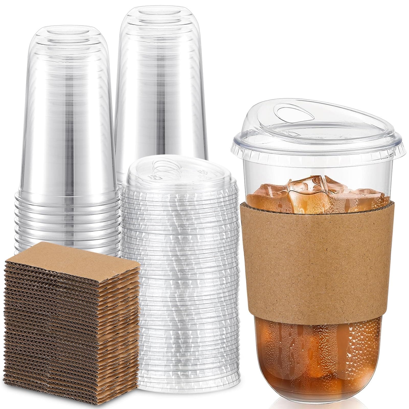 Baderke 50 Sets Clear Plastic Coffee Cups with Sip Lids and Cup Sleeve, Disposable Clear Pet Cups for Iced Coffee Cold Beverage, Shops and Party Catering (18 oz)