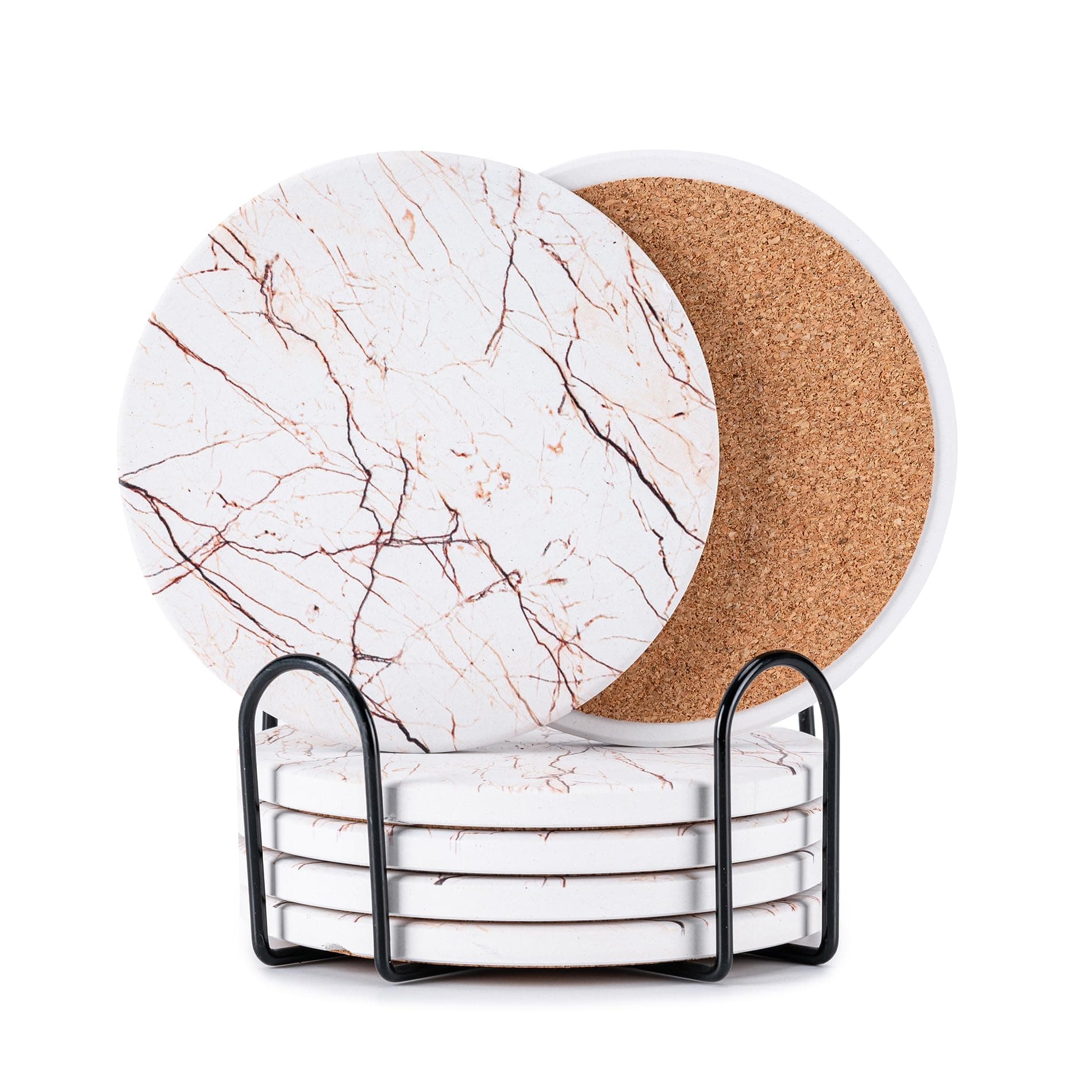 Hoewina 6Pcs Drink Coasters with Holder, Marble Style Ceramic Drink Coaster, Absorbent Coasters Set Suitable for Kinds of Cups, Modern Style Coasters for Coffee Table, 4 Inches（Natural）