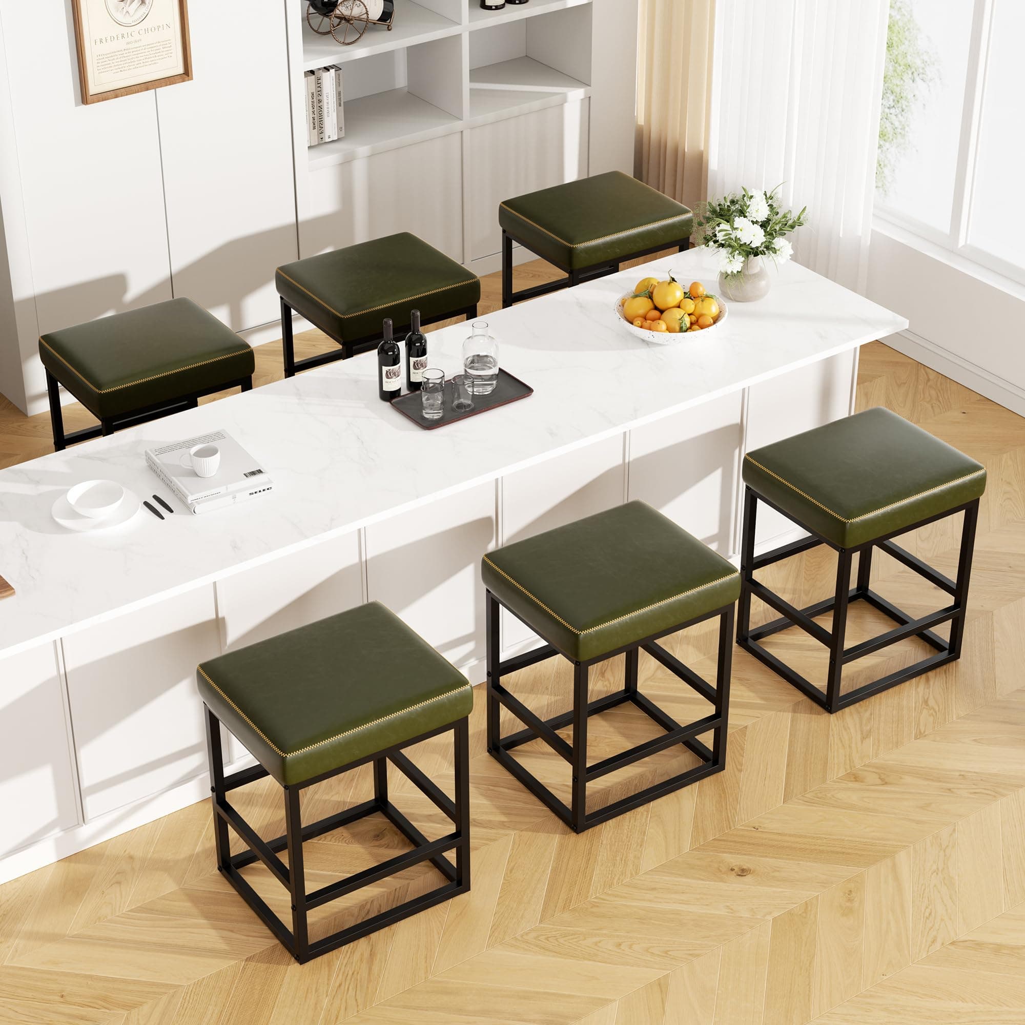 choairy Bar Stools Set of 6, 24in Counter Height Barstools, Faux Leather Counter Stools with Thick Square Seats & Sturdy Metal Base, Modern Bar Chairs for Kitchen Island (Green)