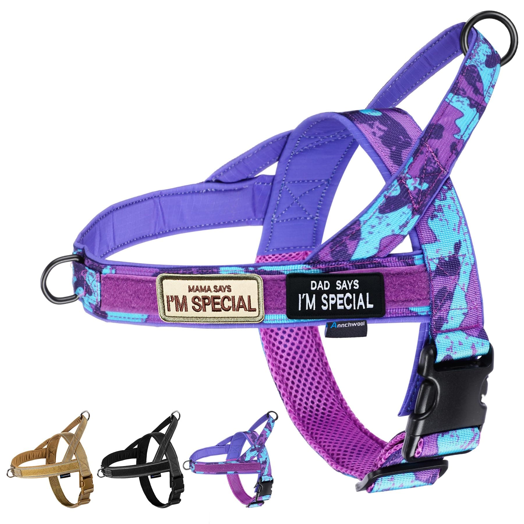 Annchwool No Pull Dog Harness with Soft Padded Handle,Escape Proof and Quick Fit to Adjust Dog Harness,Easy for Training Walking for Small & Medium and Large Dog(Camo Purple,L)