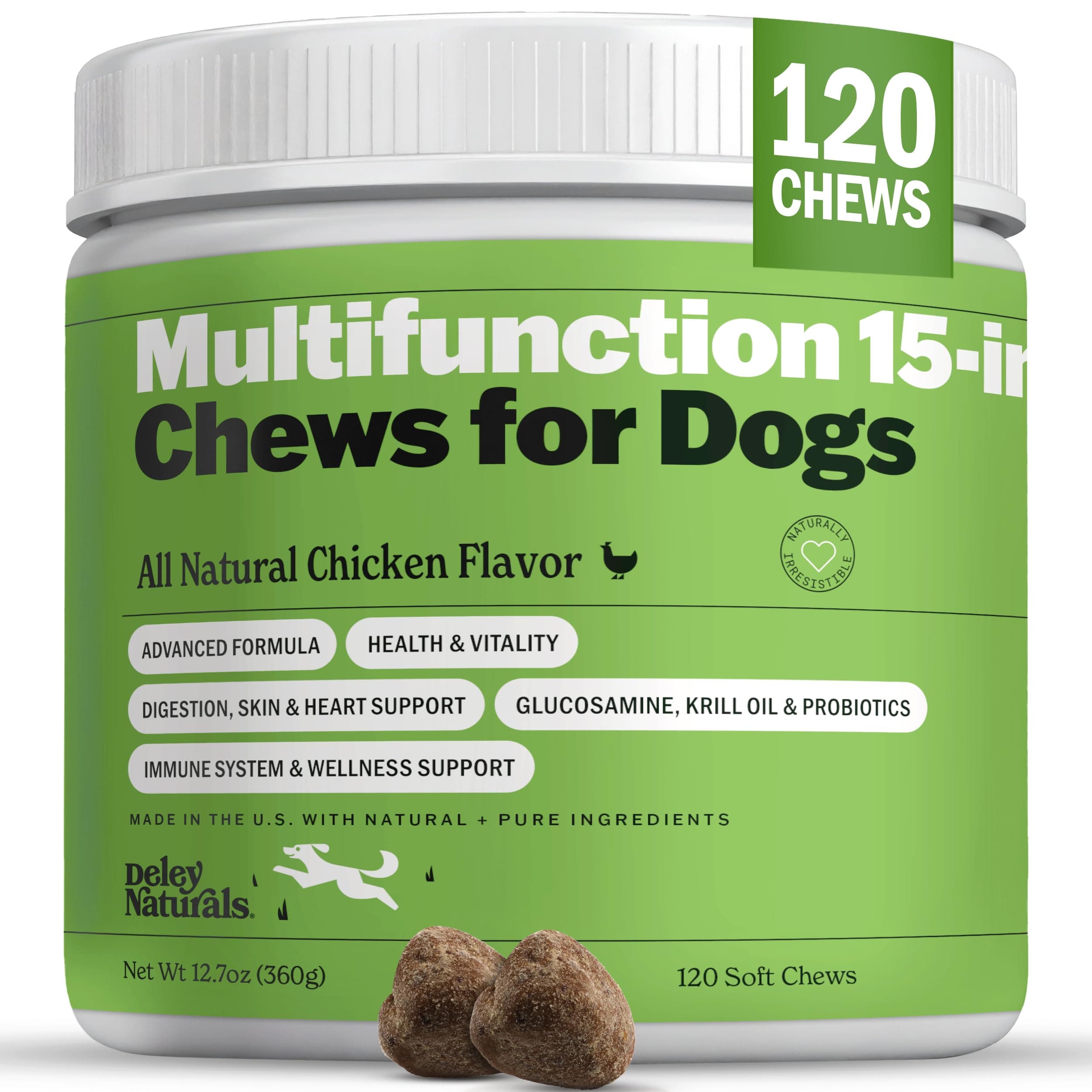 Deley Naturals 15 in 1 Multivitamin for Dogs - Complete Dog Vitamins and Supplements for Immune Support, Joint, Skin, Digestion, Heart & Overall Health - Daily Multifunction Supplements - 120 Chews