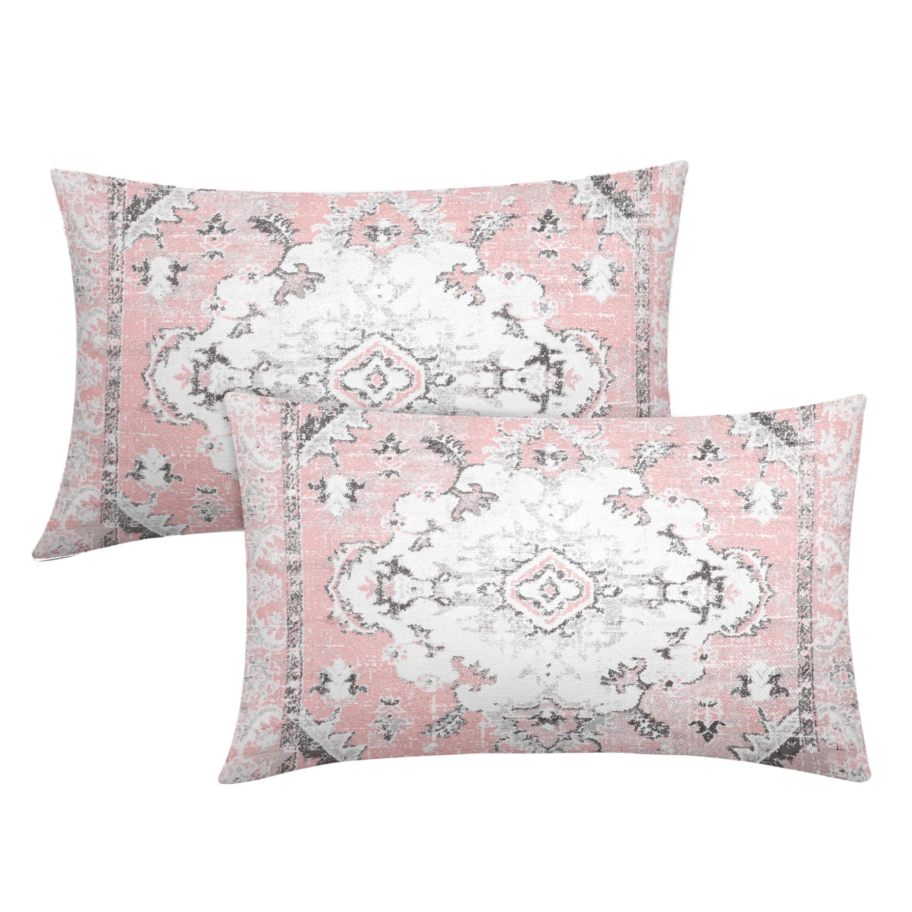 Pink Whtie Gray Vintage Bohemian Lumbar Pillow Covers 12X20 Inch Grey Boho Flower Rug Print Carpet Pillow Cases Set of 2 Antique Tapestry Rustic Retro Throw Pillows Farmhouse Home Decor For Sofa Couch