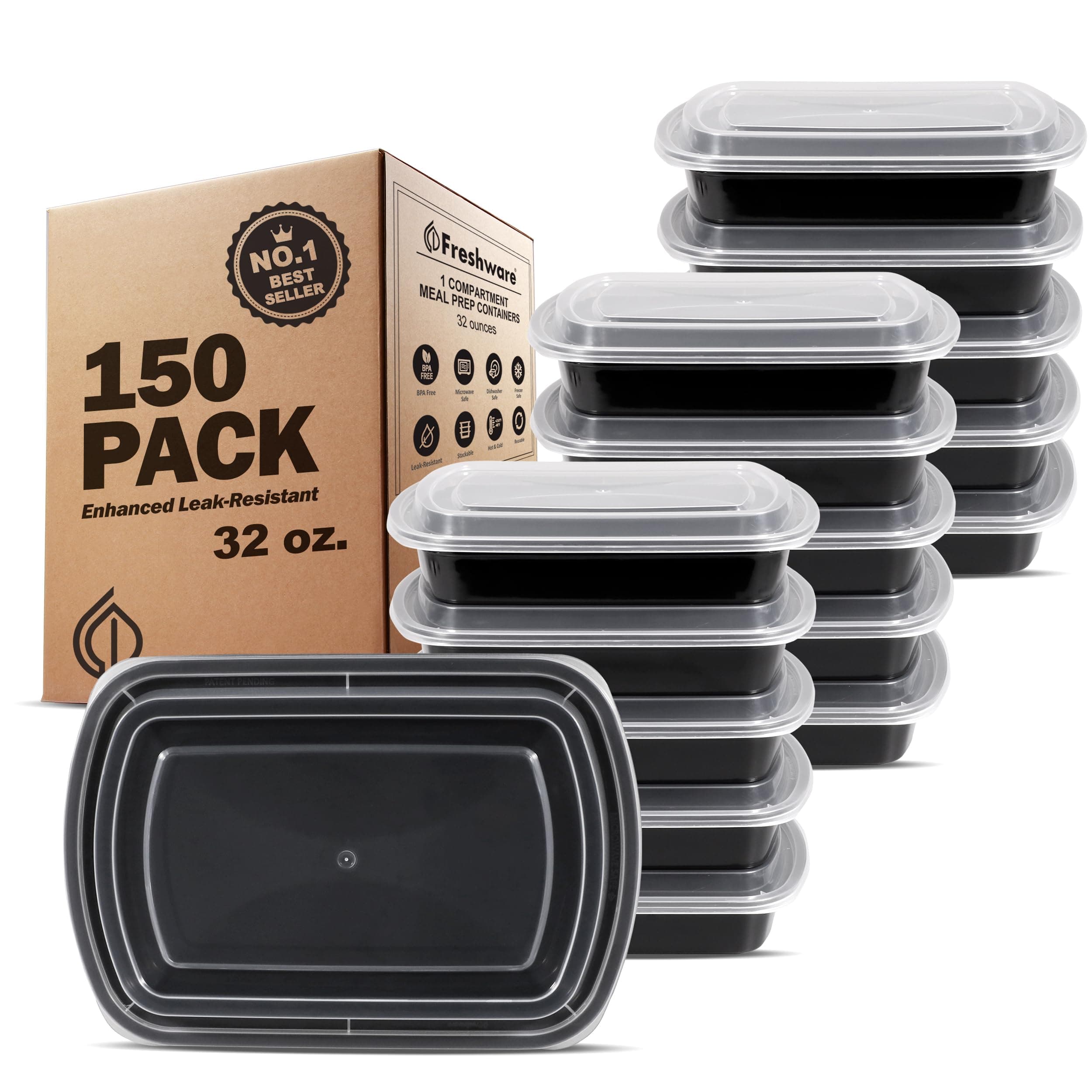 Freshware Bento Box Meal Prep Container, 32, 1-Compartment, 150-Pack, 32 Ounce