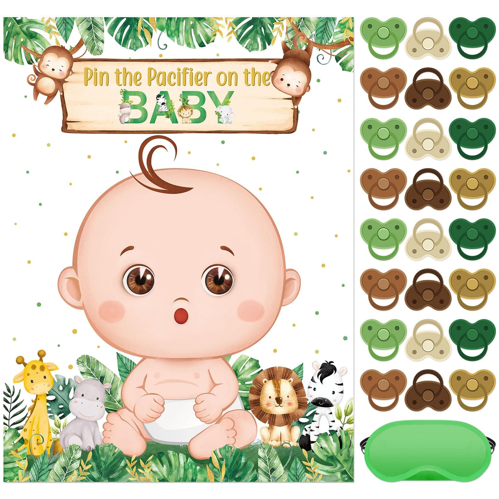 Faccito Pin the Pacifier Baby Shower Game Poster, Green, Wild Animal