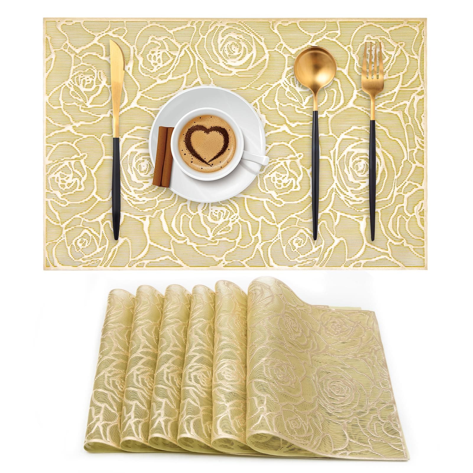 Rectangle Gold Placemats Set of 6 Hollow-Out Rose Pressed Vinyl Placemat