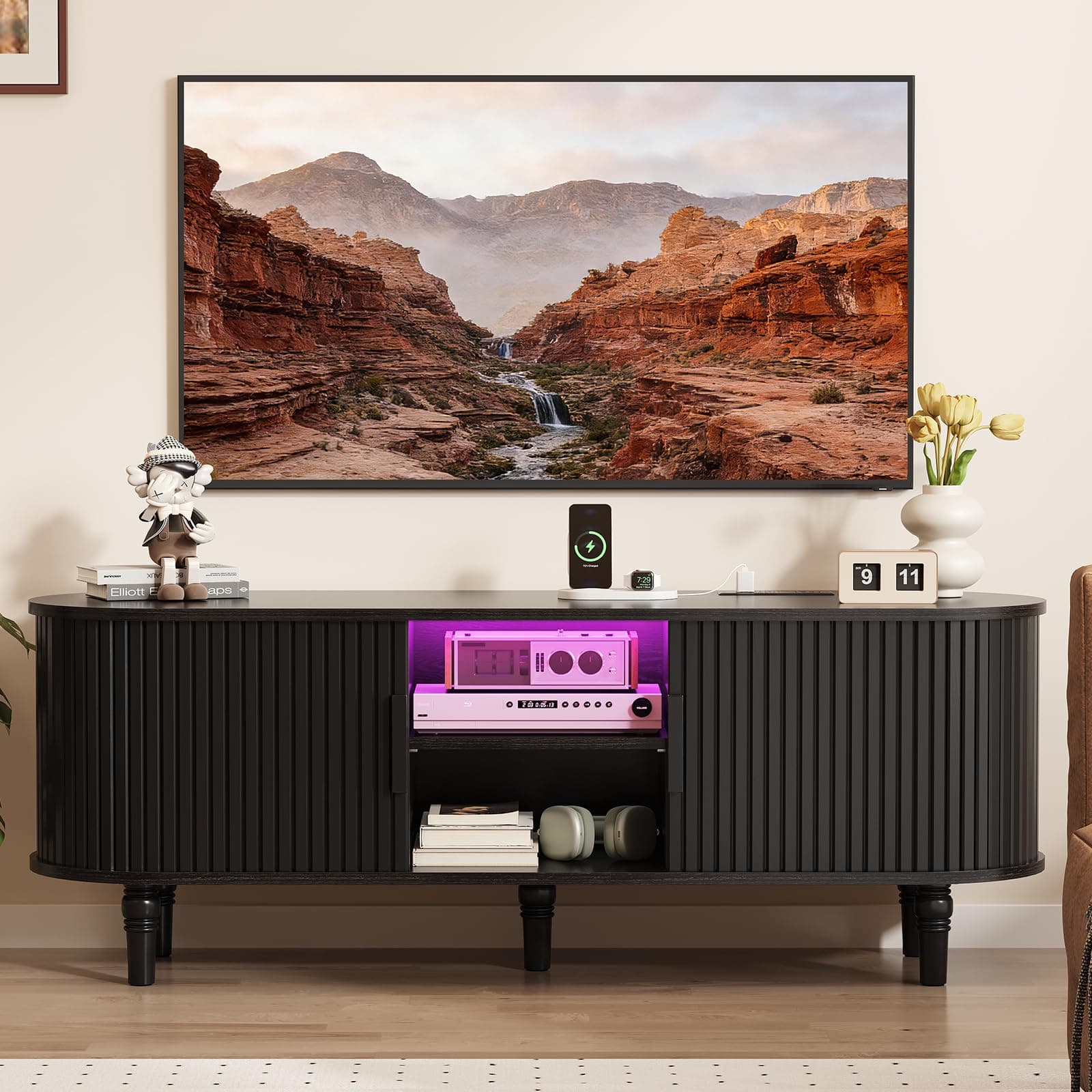 Curlaky TV Console with Power Outlet-55" Entertainment Center with Sliding Tambour Door, Modern TV Stands for Living Room Bedroom, LED Media Stand with Storage Cabinet and Adjustable Shelves, Black