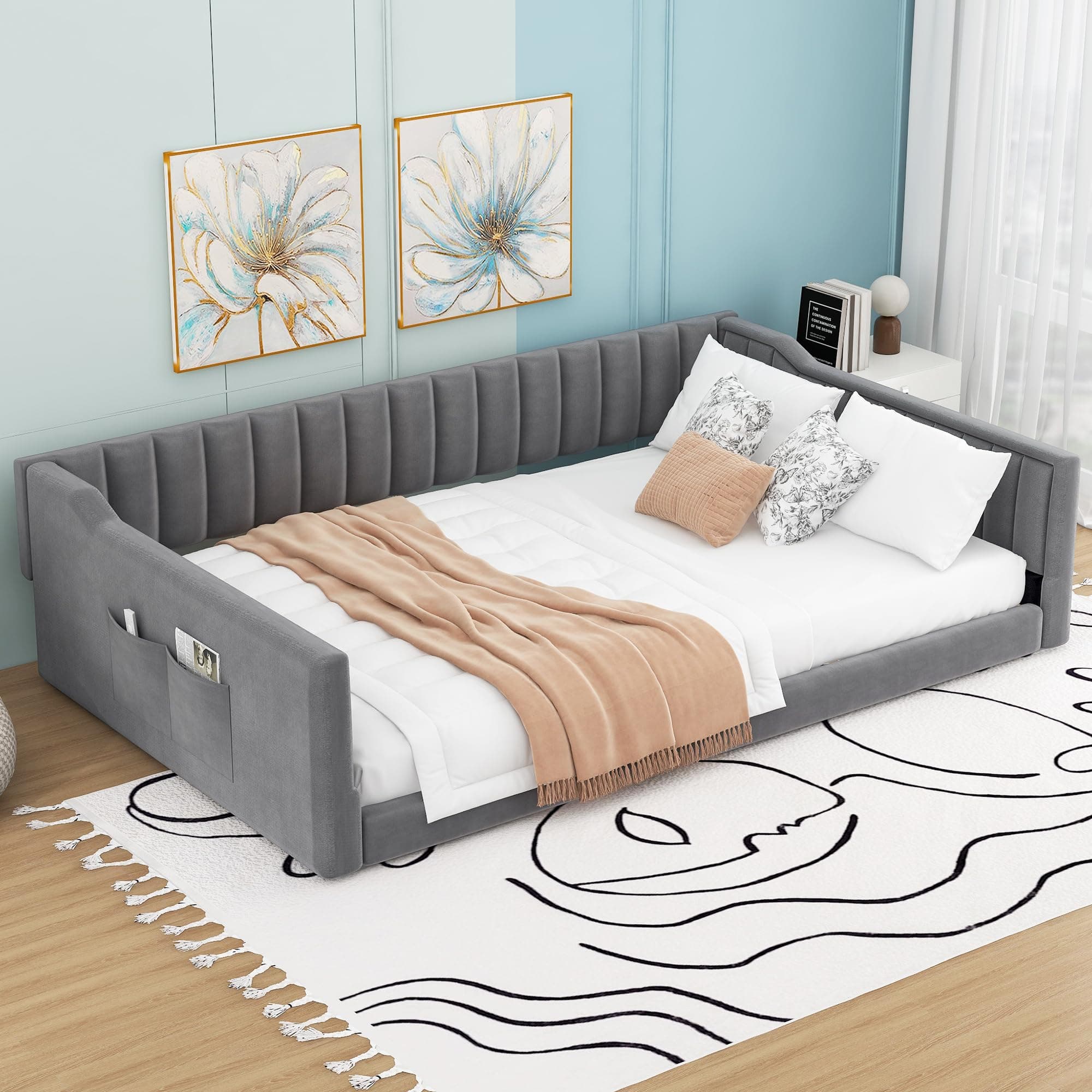 DaiNNCN Full XL Floor Daybed with Side Storage Pocket,Upholstered Sleeper Sofa Bed for Living Room,Bedroom,Day Bed for Kids,Girls,Adults,Wood Slats Support-Gray