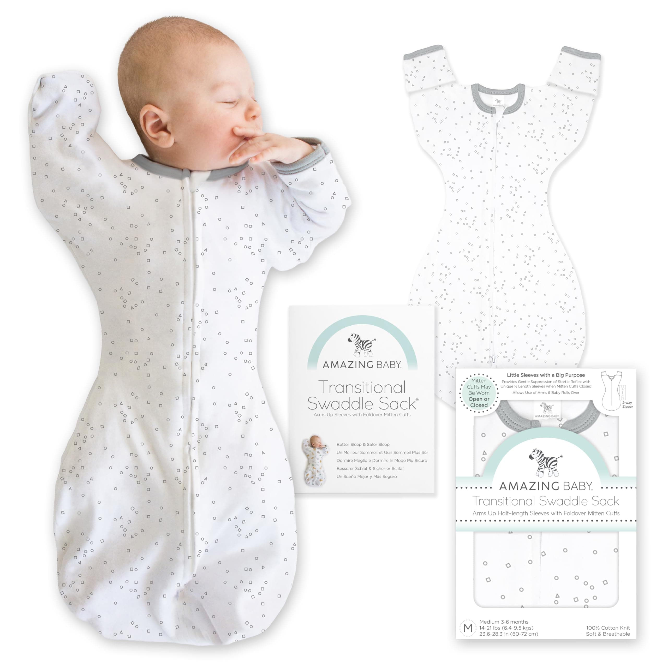 Amazing Baby Transitional Swaddle Sack, Arms Up Half-Length Sleeves & Mitten Cuffs, Swaddle for Newborn Transition to Baby Sleep Sack Wearable Blanket, Medium, 3-6 Month, 14-21 lb, Sterling Confetti