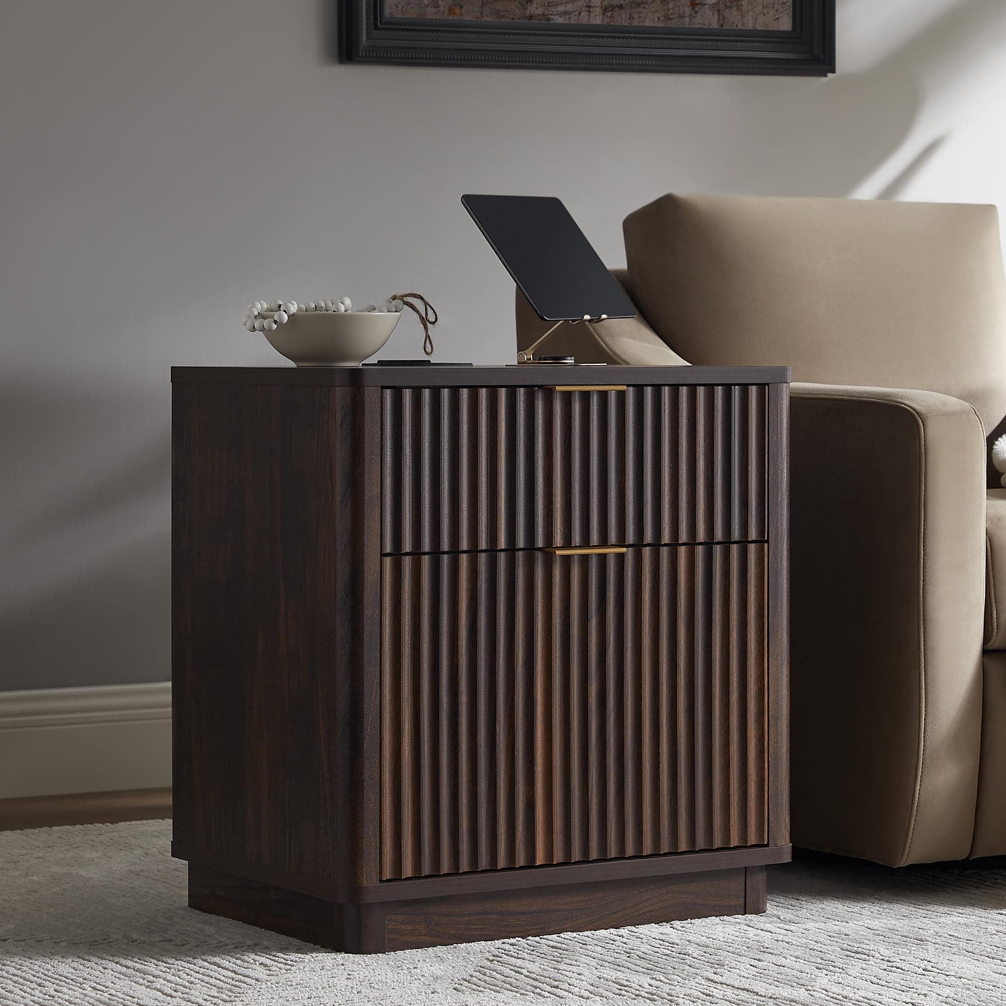T4TREAM 23'' Fluted Nightstand with Charging Station, Modern, Dark Walnut