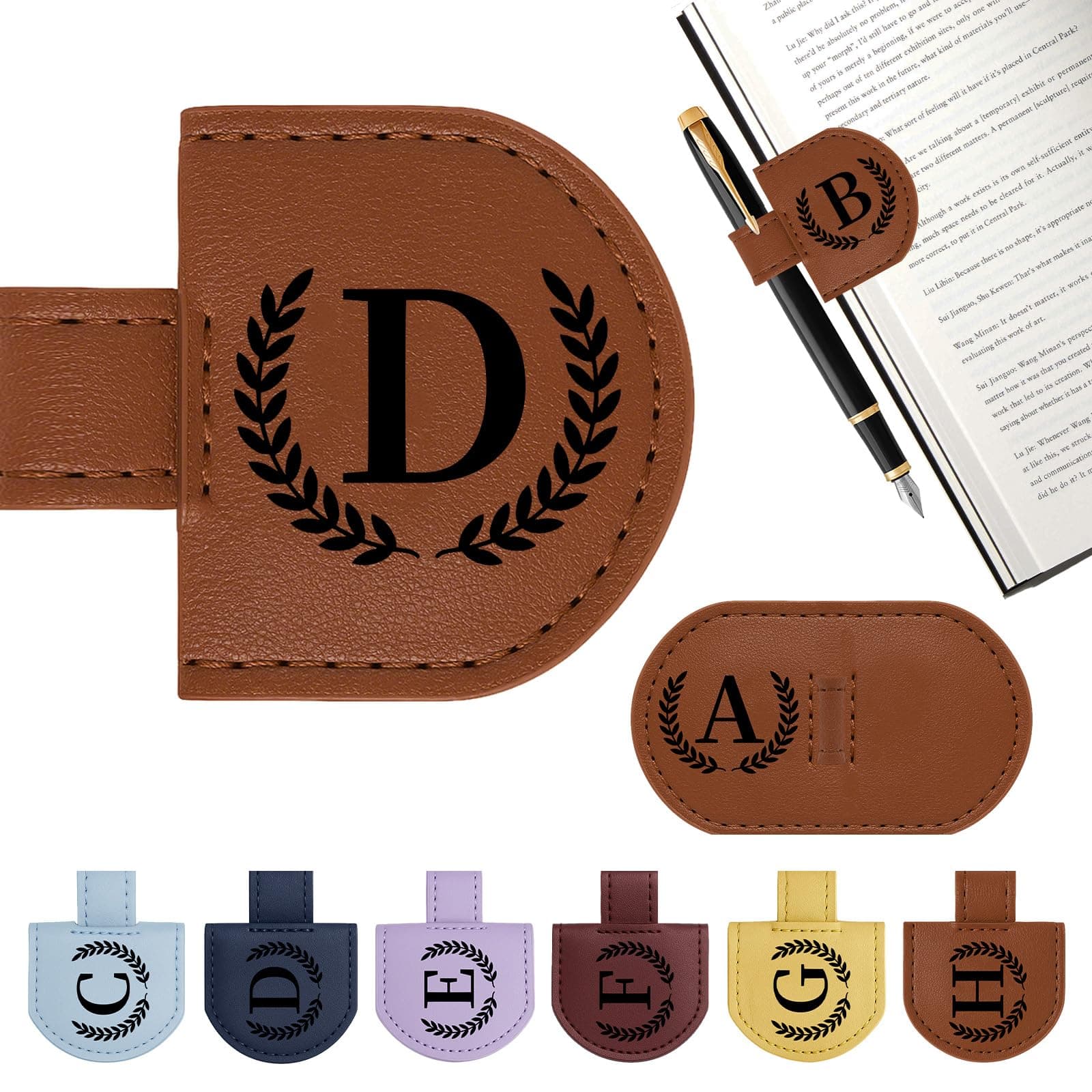 Personalized Magnetic Bookmark Pen Holder, Leather Book Marks for Reading Women& Men, Engraving 26 Letters Name Initial Bookmarks with Pencil Pen Holder, Gift for Book Lovers, Readers (Brown, D)