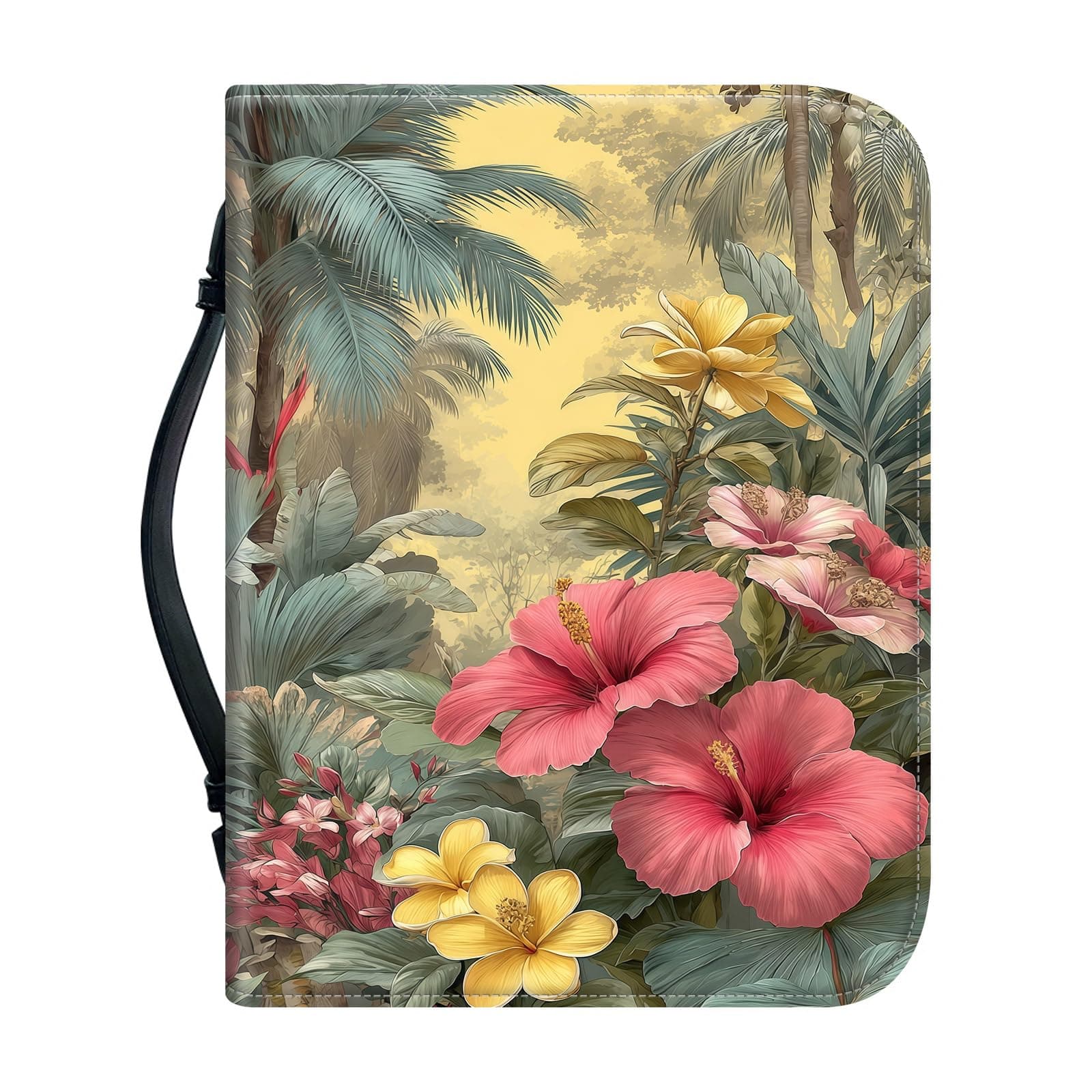 RMJKXQZG Leather Bible Cover Case for Women 12.2 * 9.06 * 2.76, Bible Bag Carrying Case with Handle Pen Slots Study Bible Supplies, Pink Yellow Wild Flowers Palm Trees