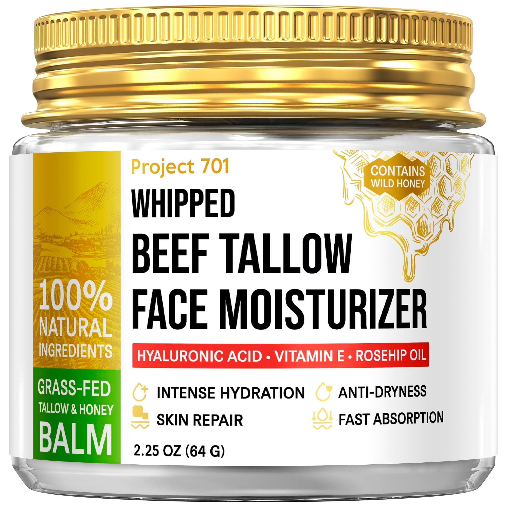 Beef Tallow Face Cream - Grass Fed Tallow and Honey Balm, All Natural Skin Care Moisturizer with Hyaluronic Acid - Day & Night Beef Tallow for Face, Dry and Sensitive Skin, Glass Jar 2.25 oz