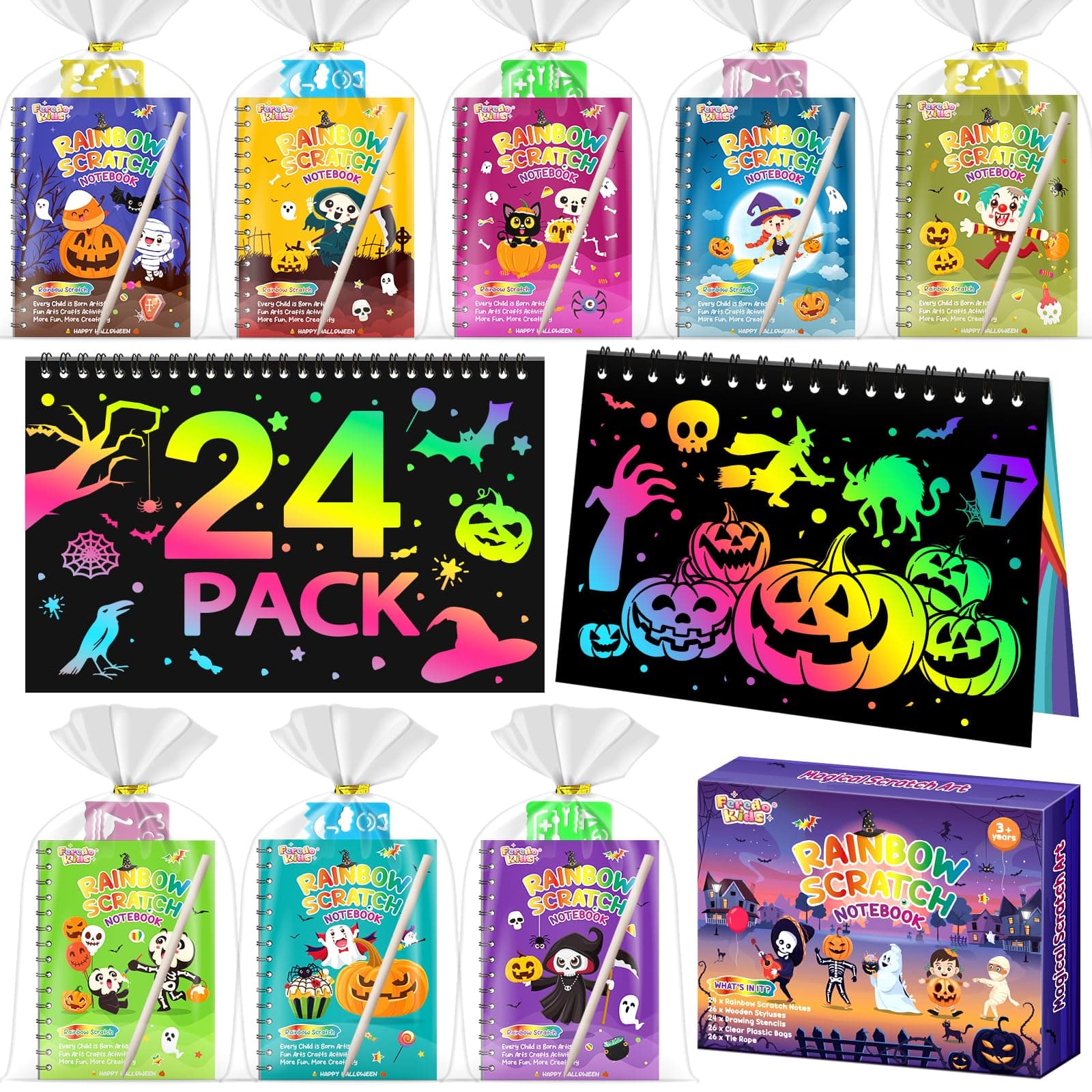 FEREDO KIDS Party Favors for Kids: 24 Pack Halloween Rainbow Scratch Art Notebook Classroom Goodie Bag Items Bulk for Girls Boys Loot Bag Fillers, Return Gifts for Birthday Party Gifts Kids Crafts