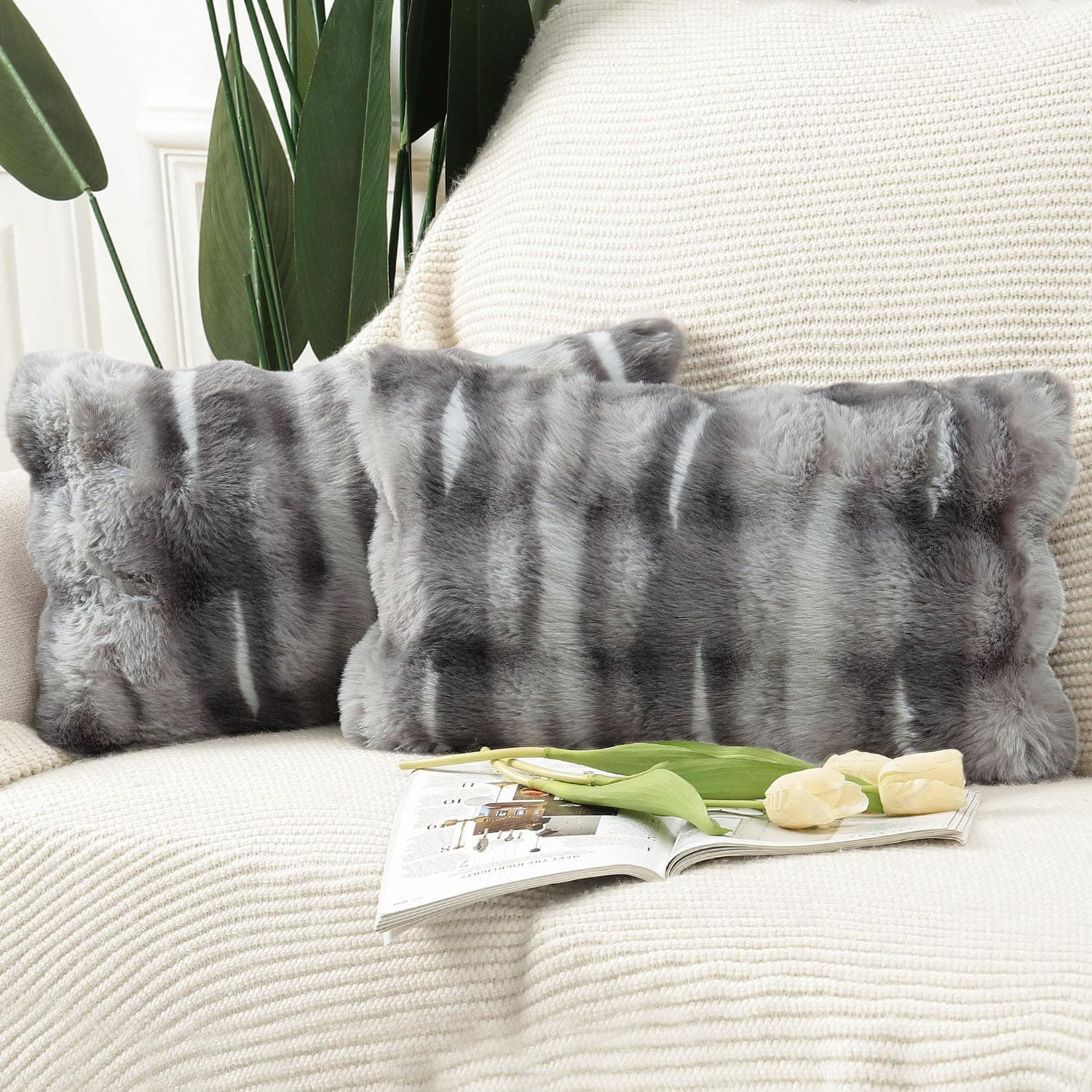 MADIZZ Pack of 2 Thick Plush Faux Wool Throw Pillow Covers Soft Boho Throw Pillows Luxurious Cushion Covers for Couch Sofa Bedroom Living Room Home Decor 12x20 Inch Dark Grey
