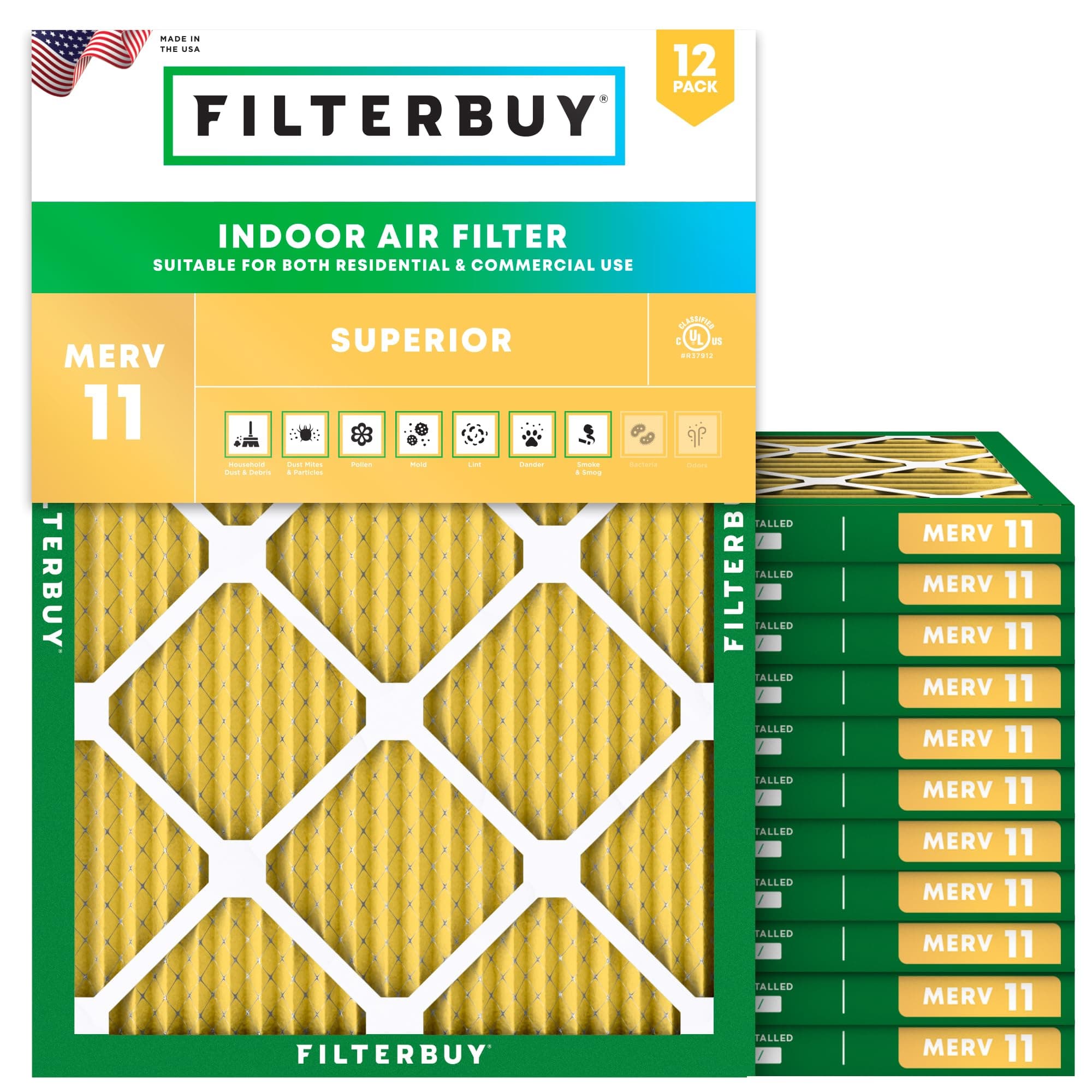 Filterbuy 25x32x1 Air Filter MERV 11 Superior Pet & Allergy Defense (12-Pack), Electrostatic Pleated HVAC AC Furnace Filters Replacement, Made in USA (Actual Size: 24.50 x 31.50 x 0.75)