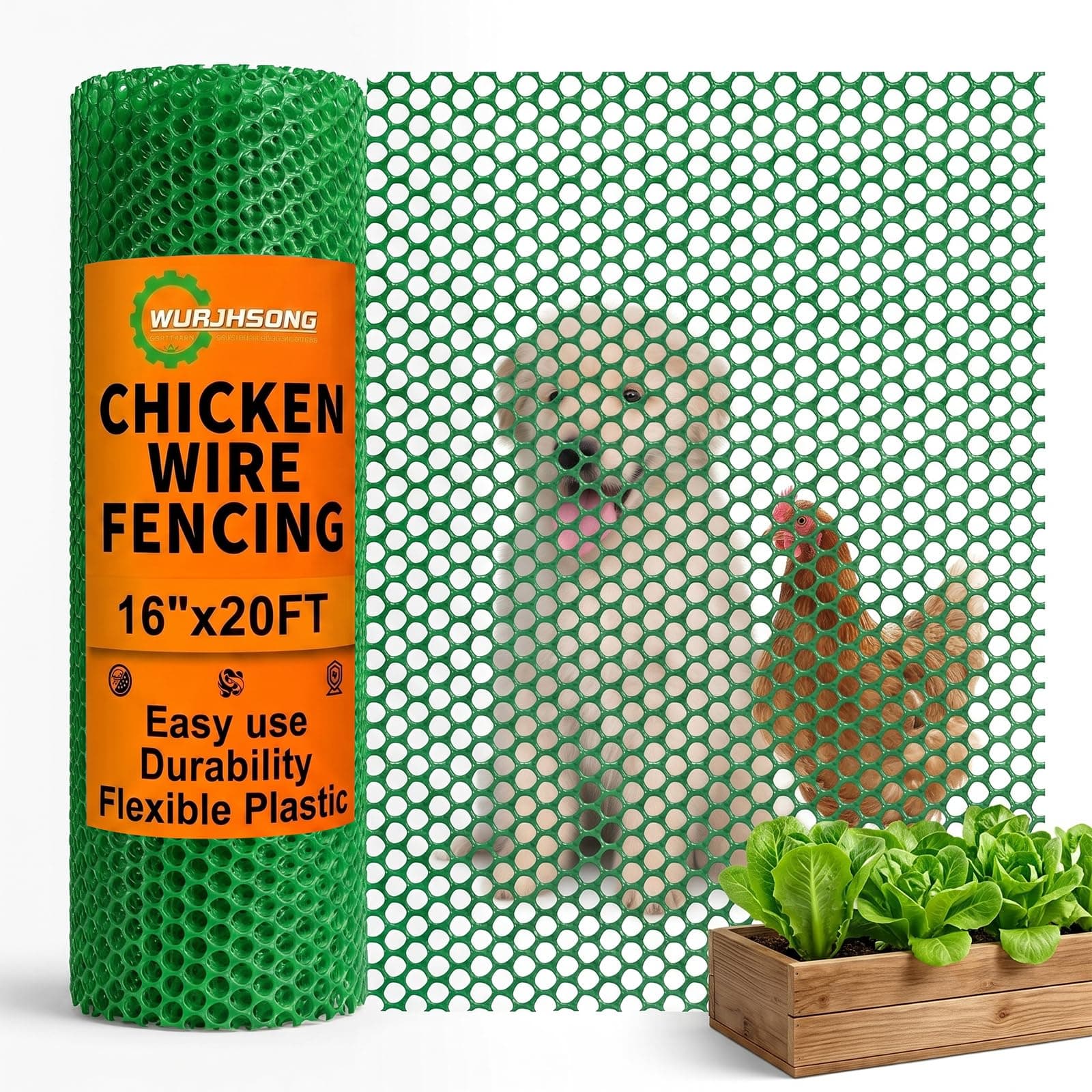 WURJHSONG Plastic Wire Mesh Fence 16in x 20Ft Plastic Chicken Wire Mesh for Poultry, Dogs, Rabbit, Snake Barrier & Gardening Versatile Plastic Fencing (16in x 20Ft, Green)