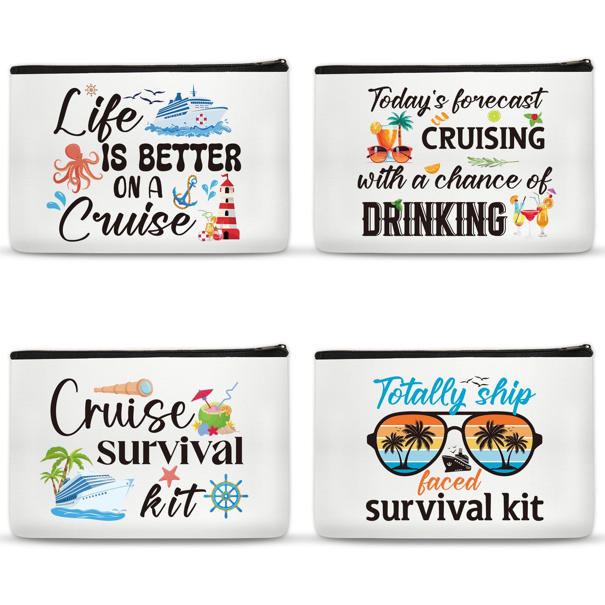 SEAOYOZO 4Pcs Cruise Survival Kit Makeup Bags Gifts Cosmetic Bags Cruise Ship Essentials Bags Travel Organizer Zipper Pouch for Women Cruising Lovers Accessories, Cruise Ship Classic Theme, Small,