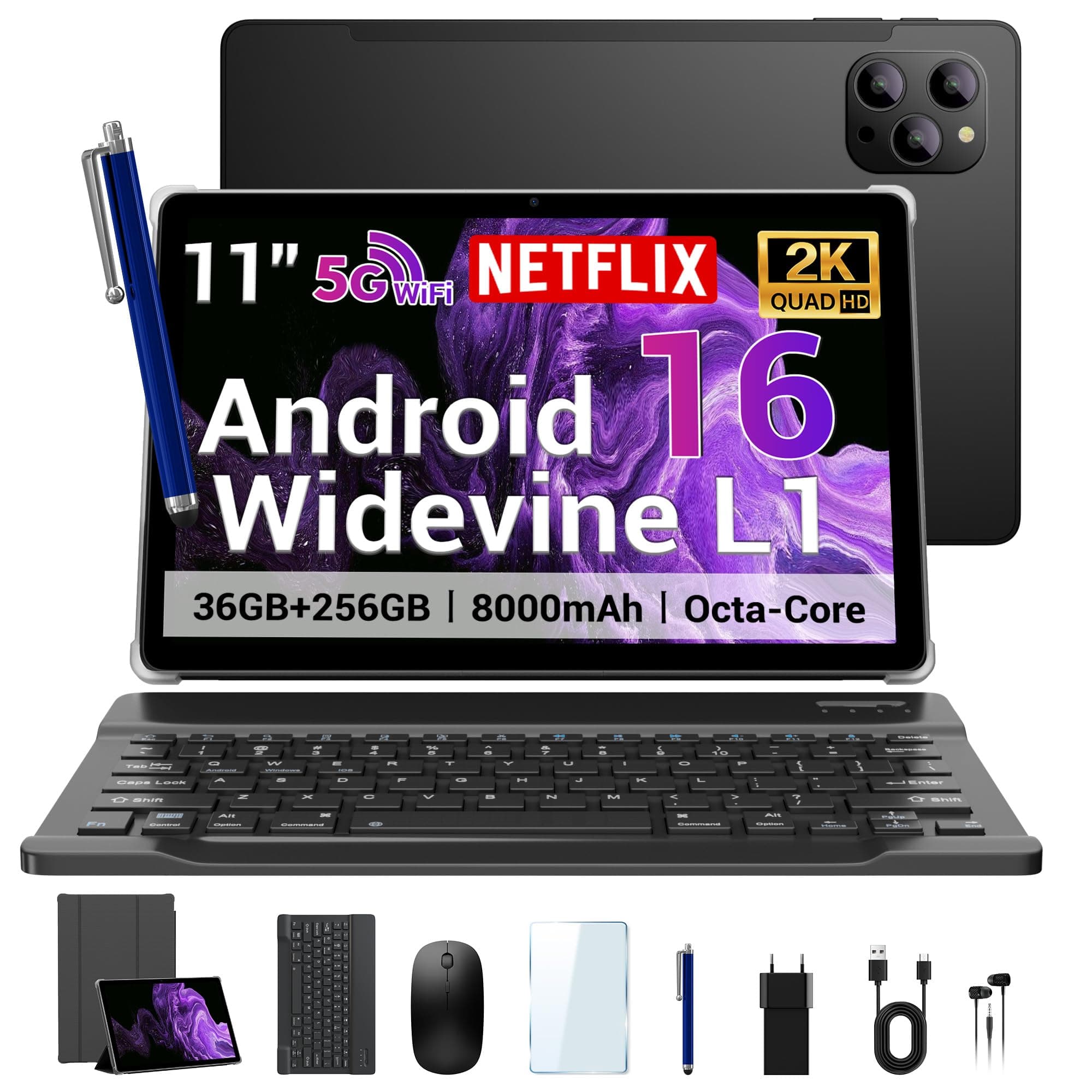 ROSYVIBE 2026 Slim 11 Inch Android 16 Tablet with Keyboard,Stylus & Mouse, 2K IPS Widevine L1 with Earphones, 36GB RAM 256GB (1TB TF), 8000mAh, T615 8-Core,8+13MP, 5G/2.4G WiFi, FCC/CE - Black