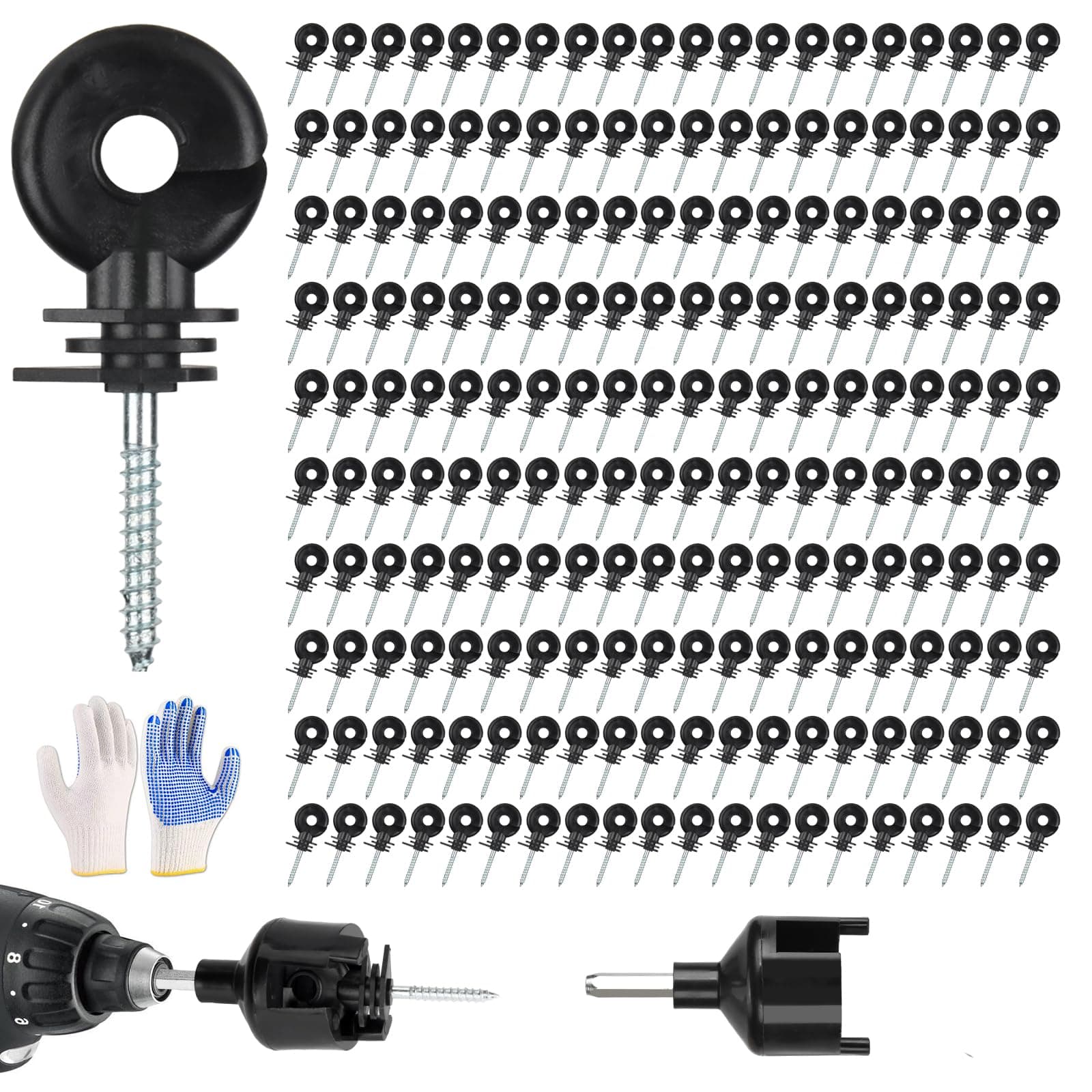 200 PCS Electric Fence Insulators with Socket Tool and Gloves, Screw in Ring Clips Kit for Fence Wood Post, Fence Connectors Compatible with Electric Polywire or Steel and Aluminum Wire - Black