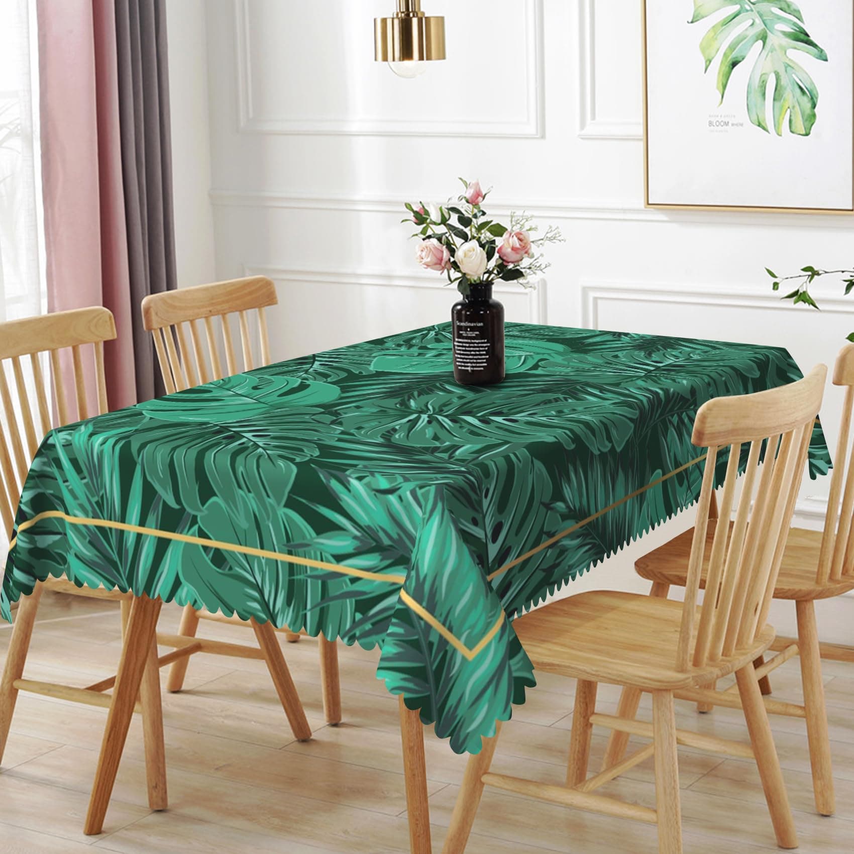 TTQYFNM 70x140inches Hawaiian Rectangle Tablecloth Summer Tropical Palm Leaves Gold Line Decorative Table Cloth Washable Waterproof Fabric Table Cover for Kitchen Dining Room Holiday Party Decor