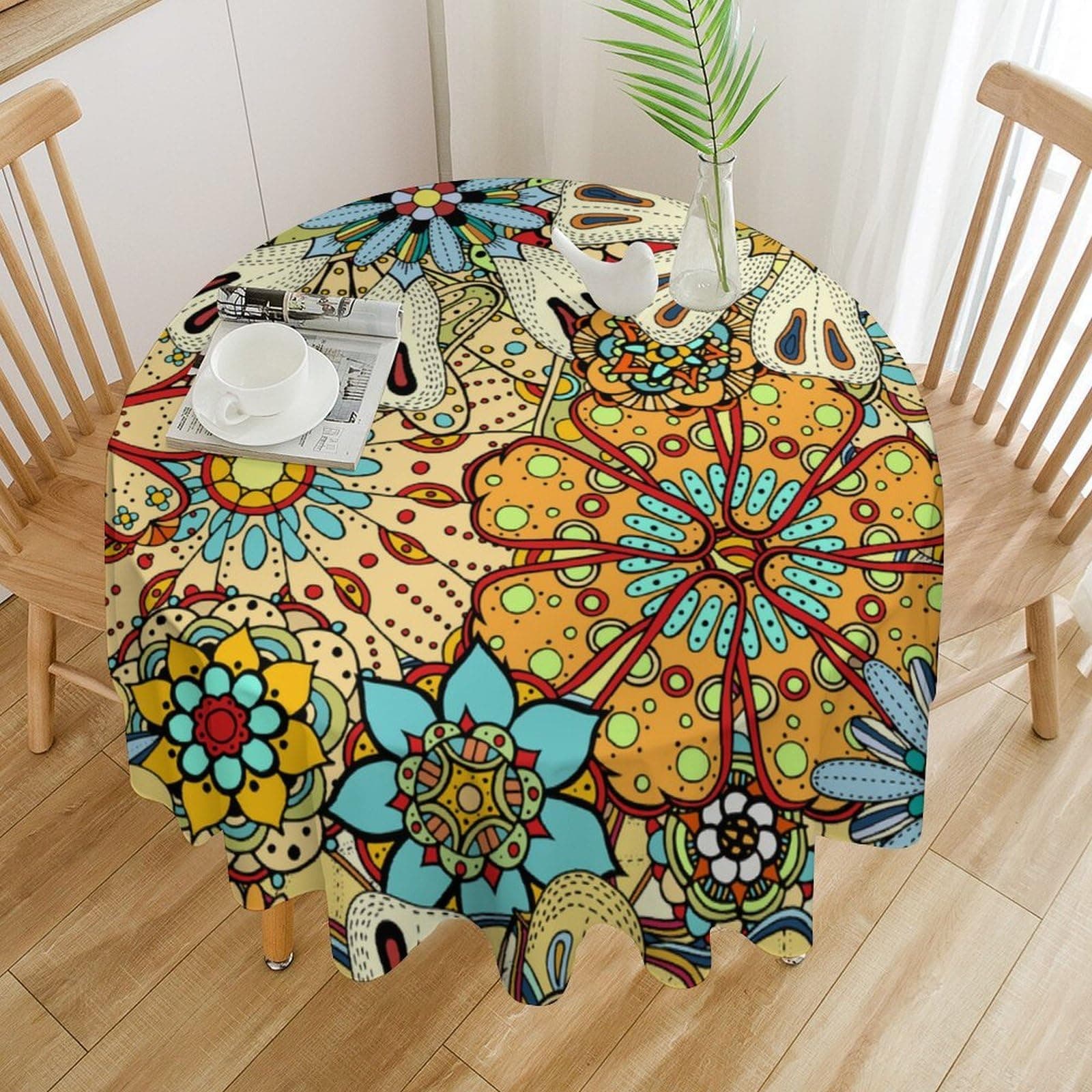 Boho Round Tablecloth Vintage Colorful Flowers Bohemian Design Print Table Cover for Home Party Dining Room Kitchen Decor, 36x36in