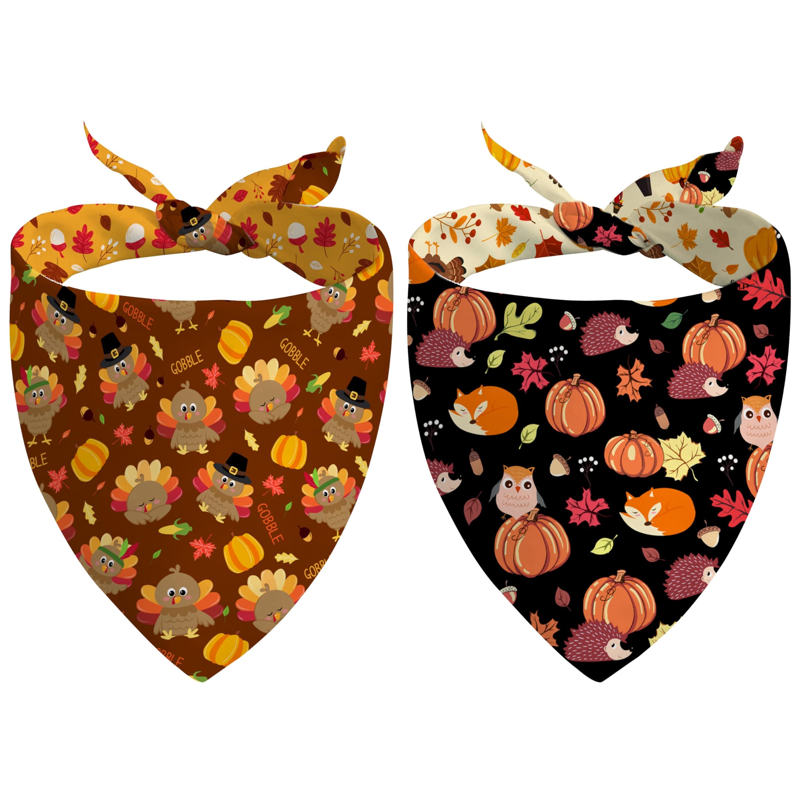 Fall Thanksgiving Dog Bandana Reversible 2 Pack Pumpkin Turkey Leaves Fox Cute Fall Pet Bandanas for Dogs Adjustable Triangle Holiday Scarves for Medium Large Extra Large Boy Girl Dogs