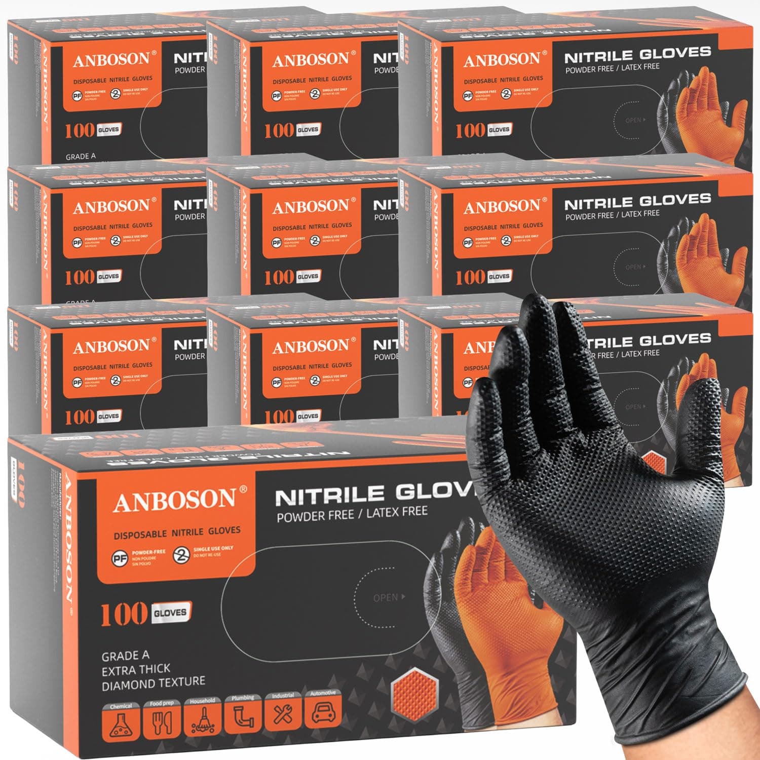 ANBOSON 10 Mil Heavy Duty Mechanic Nitrile Gloves, Black XLarge 1000 Count