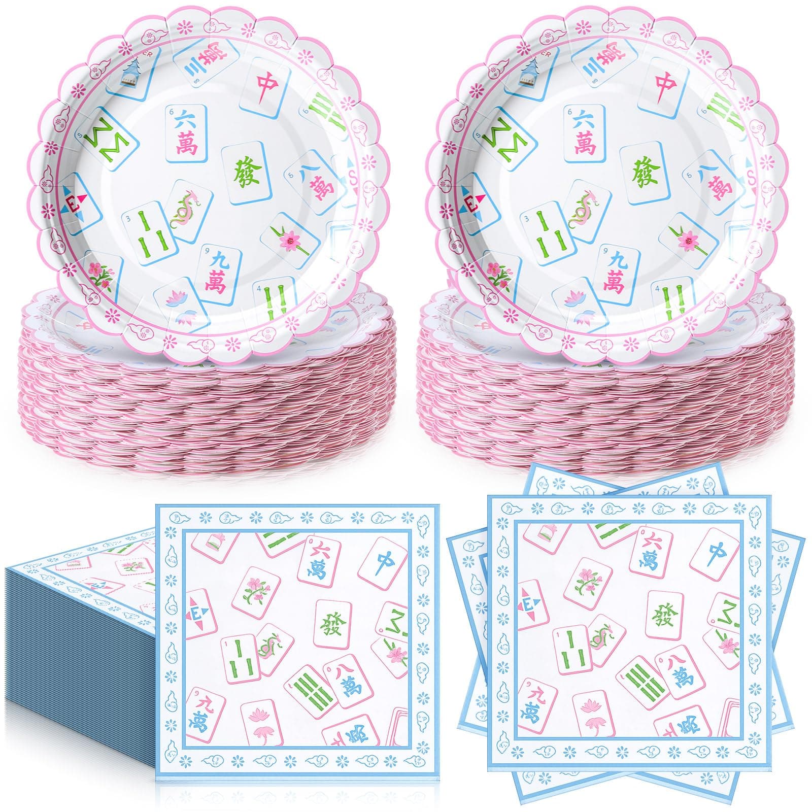 Havawish 96 Pcs Mahjong Plates and Napkins for 48 Guests, Mahjong Party Supplies Cocktail Tableware Including Dessert Plates and Napkins for Bridal Showers Birthday Wedding Party