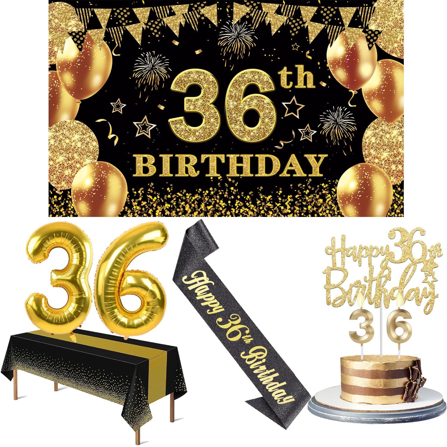 YeohJoy 36th Birthday Decorations for Men Women Black Gold