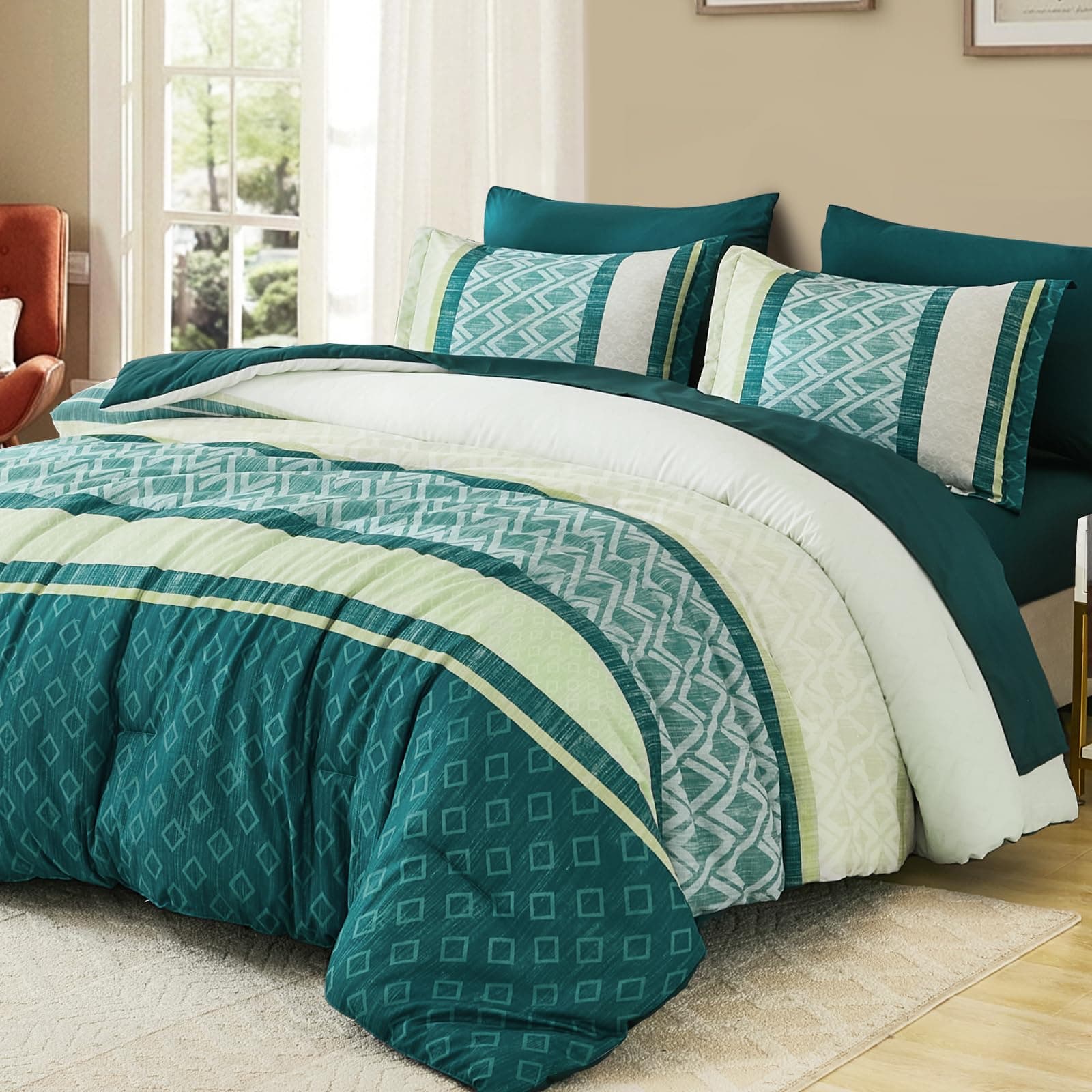 Cottolester Green Comforter Set Queen Size,Boho Striped Bed in a Bag,Spring Summer Plaid Comforter and Sheet Set, Soft Microfiber Complete Bedding Sets